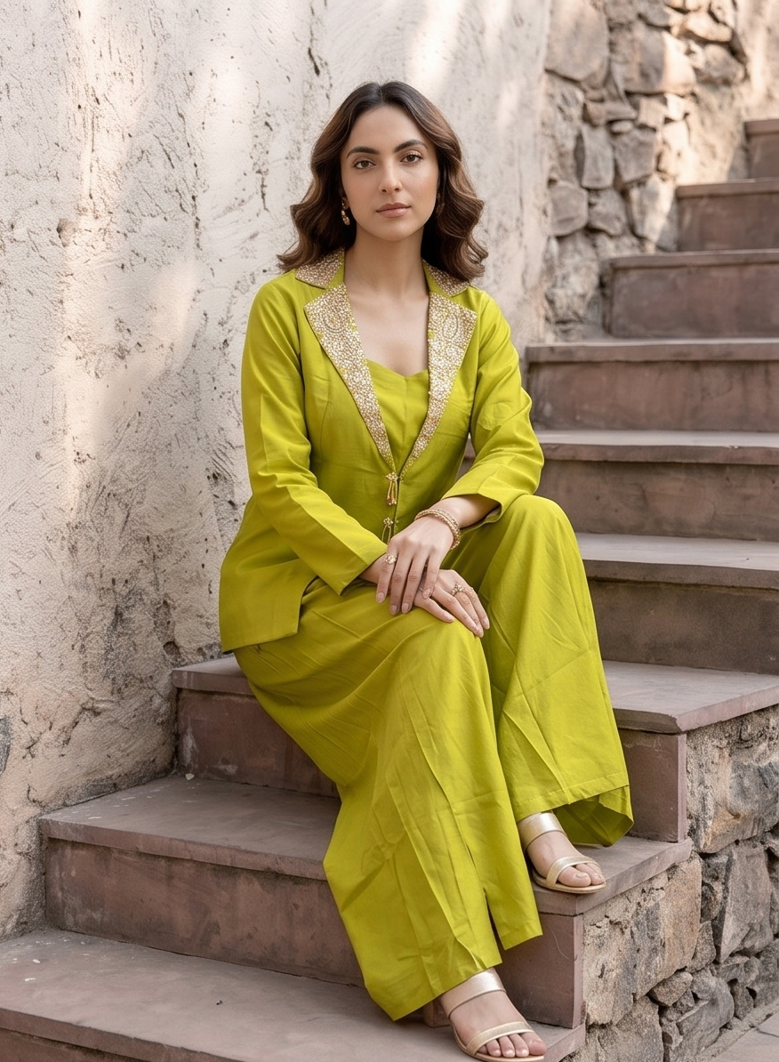 Pear Green Embellished Dola Silk Palazzo Set