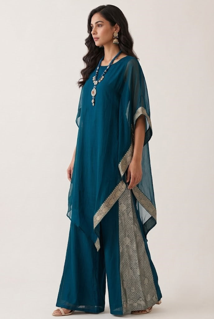 Peacock Teal Blue Embellished Khadi linen Kaftan Set