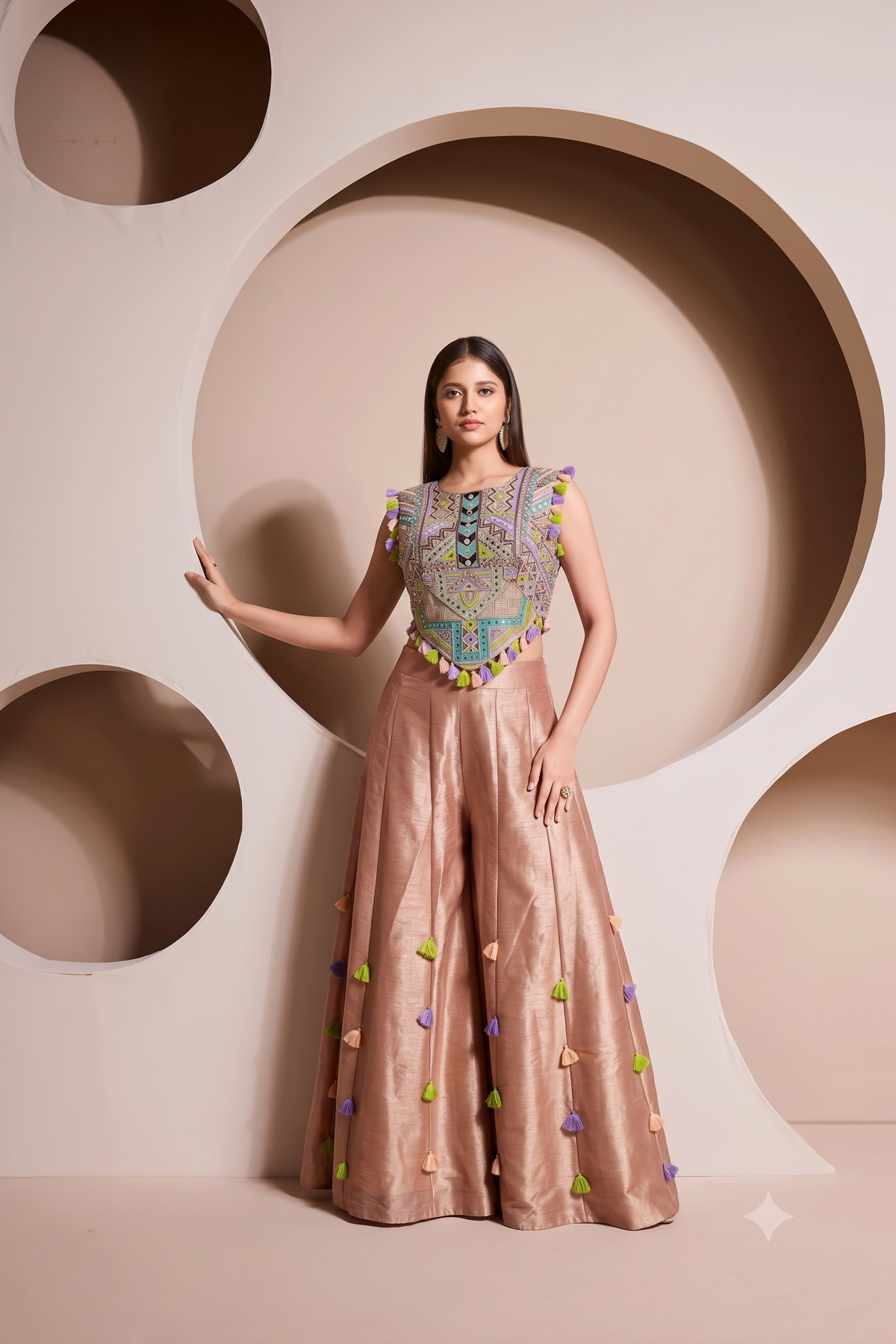 Pastel Peach Embellished Banarasi Silk Palazzo Set