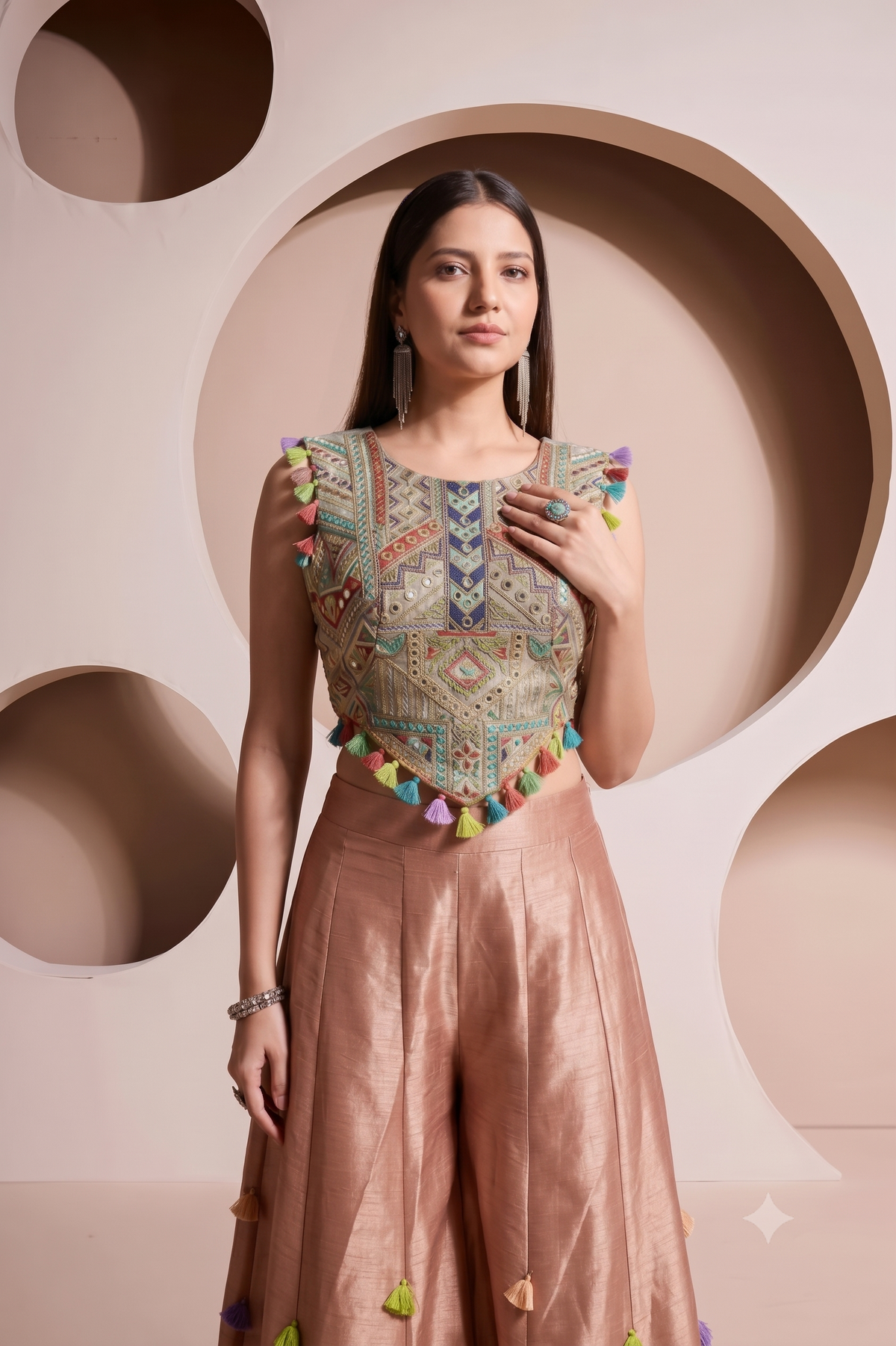 Pastel Peach Embellished Banarasi Silk Palazzo Set
