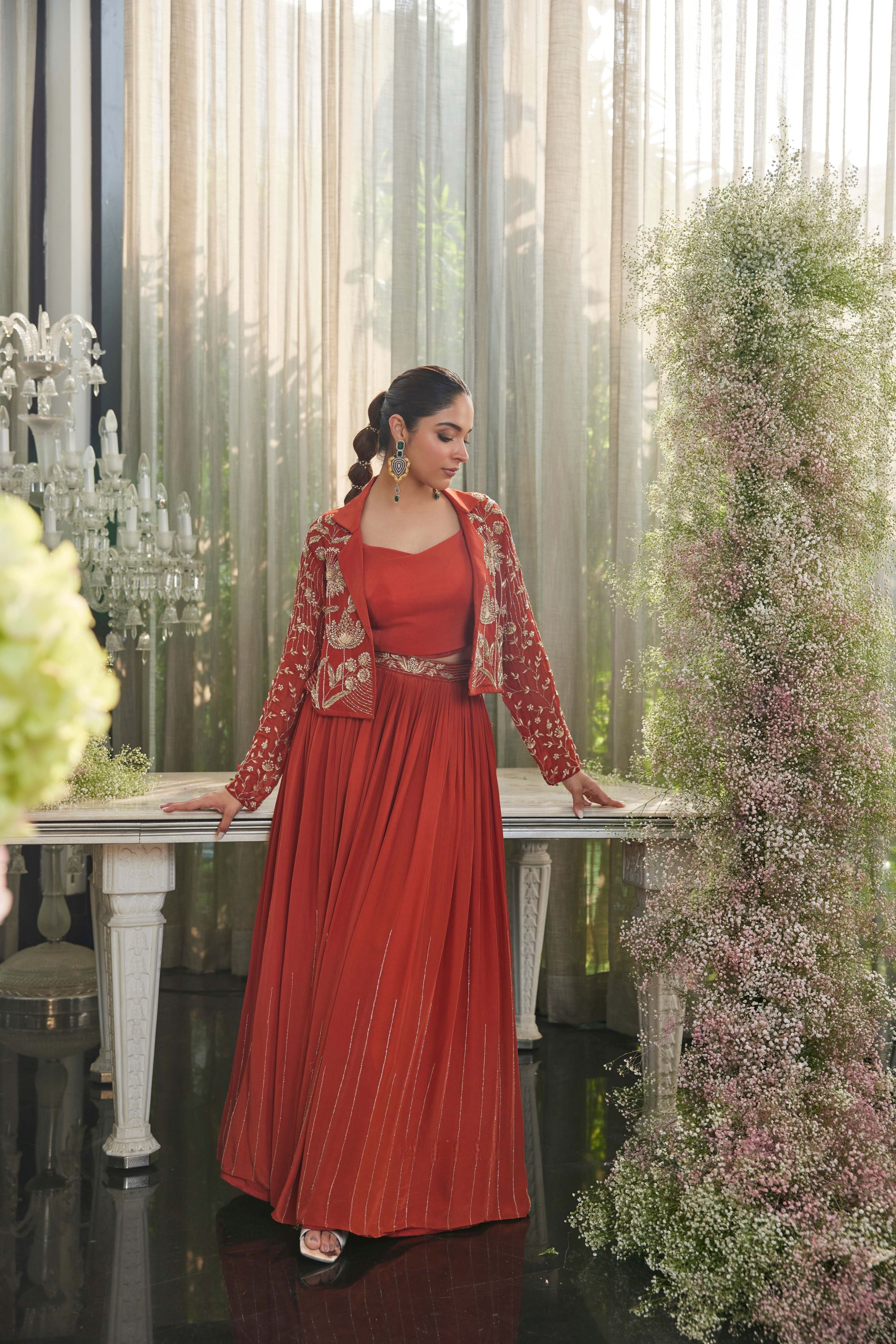 Rust Regal Embellished Jacket & Skirt Set