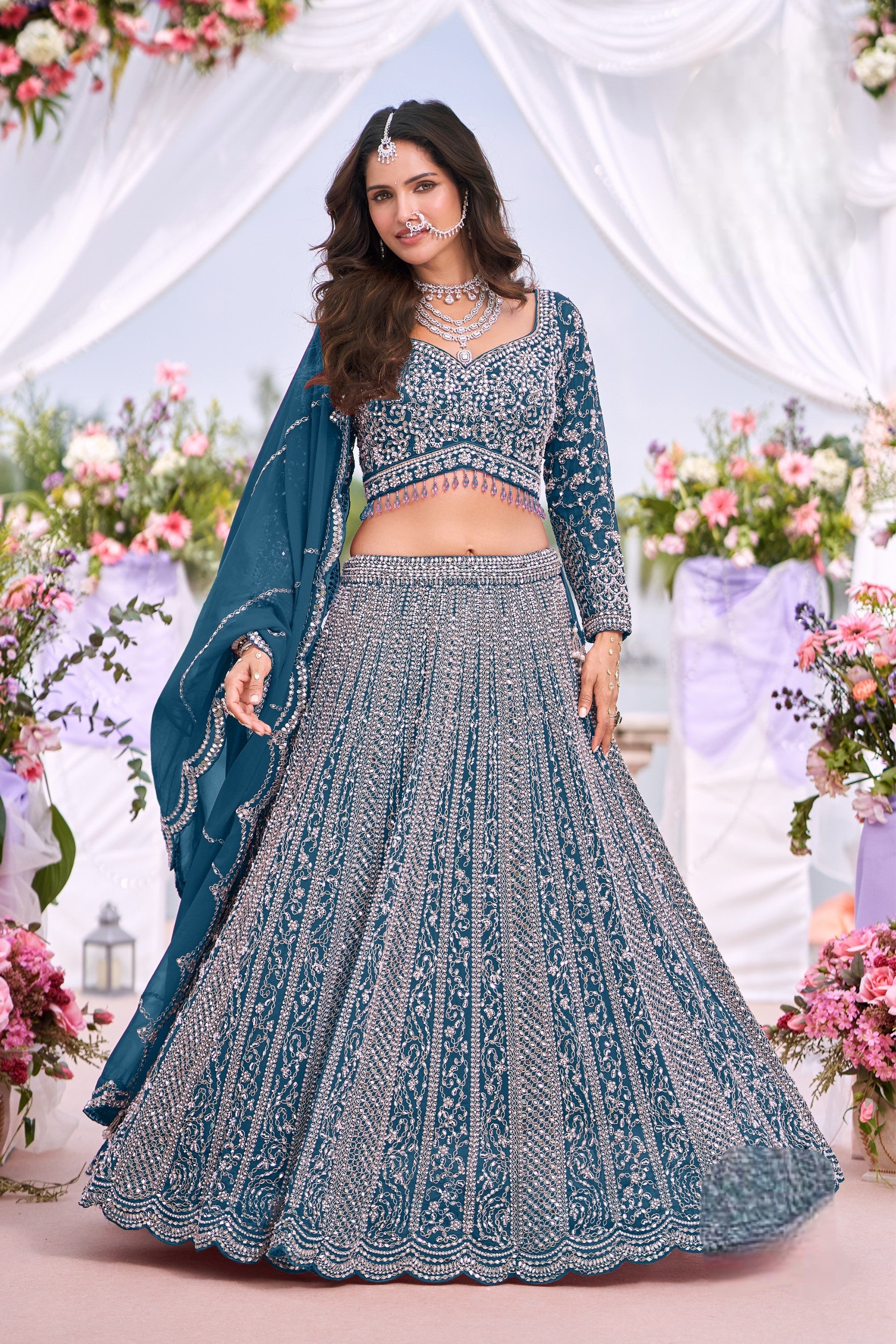 Navy Blue Embellished Georgette Silk Lehenga Set
