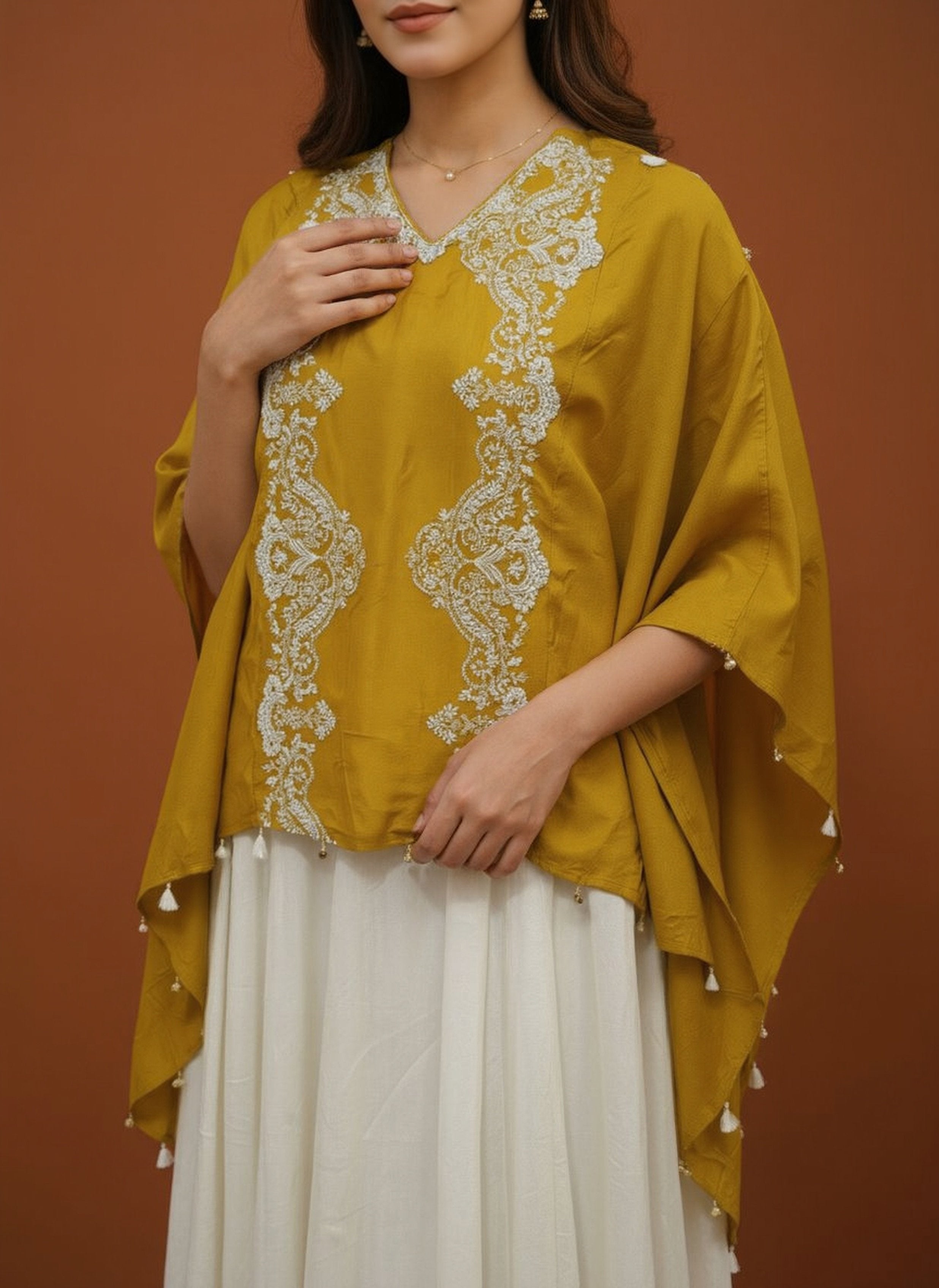 Mustard Yellow Embellished Raw Silk Kaftan Set