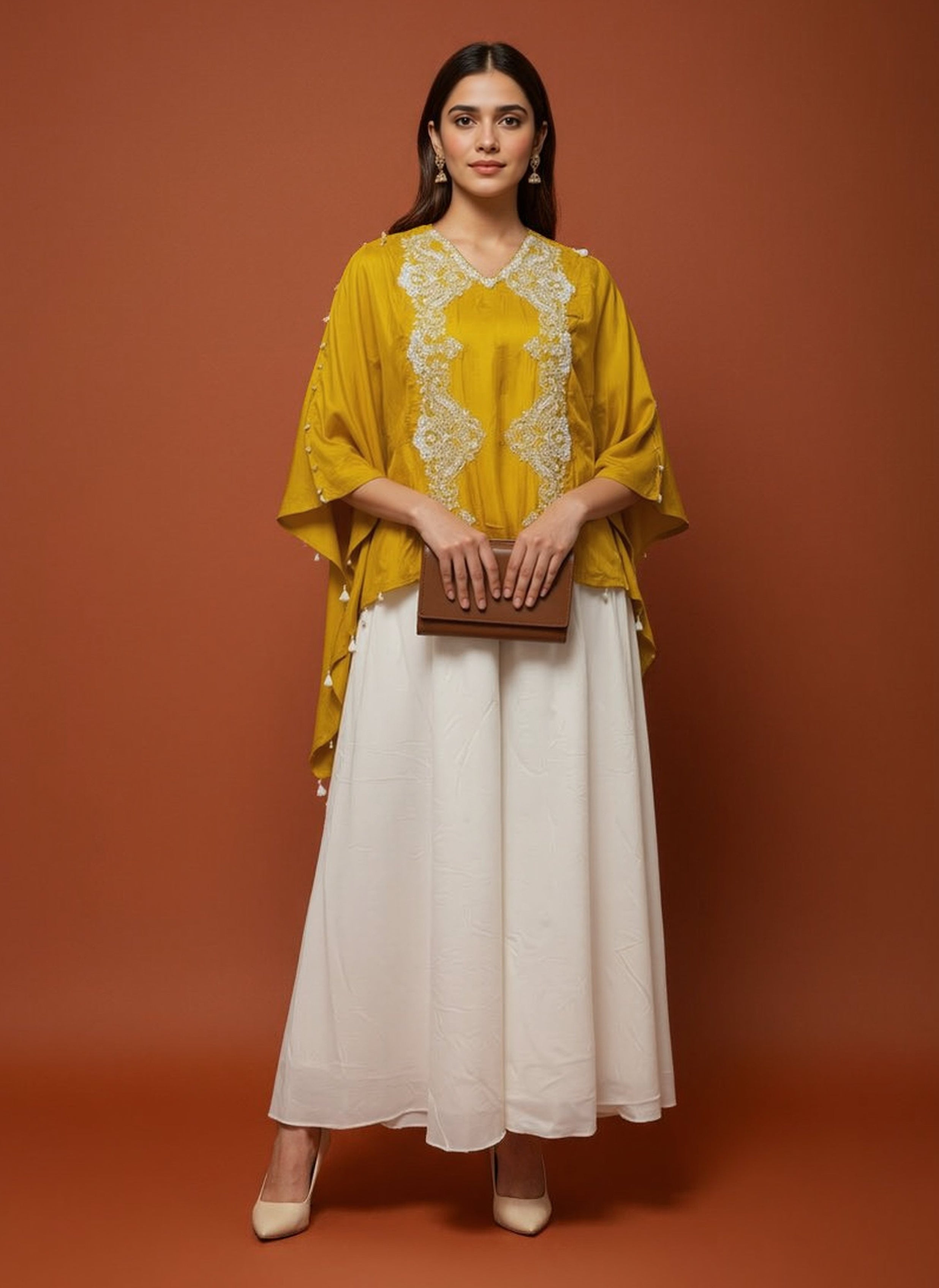 Mustard Yellow Embellished Raw Silk Kaftan Set
