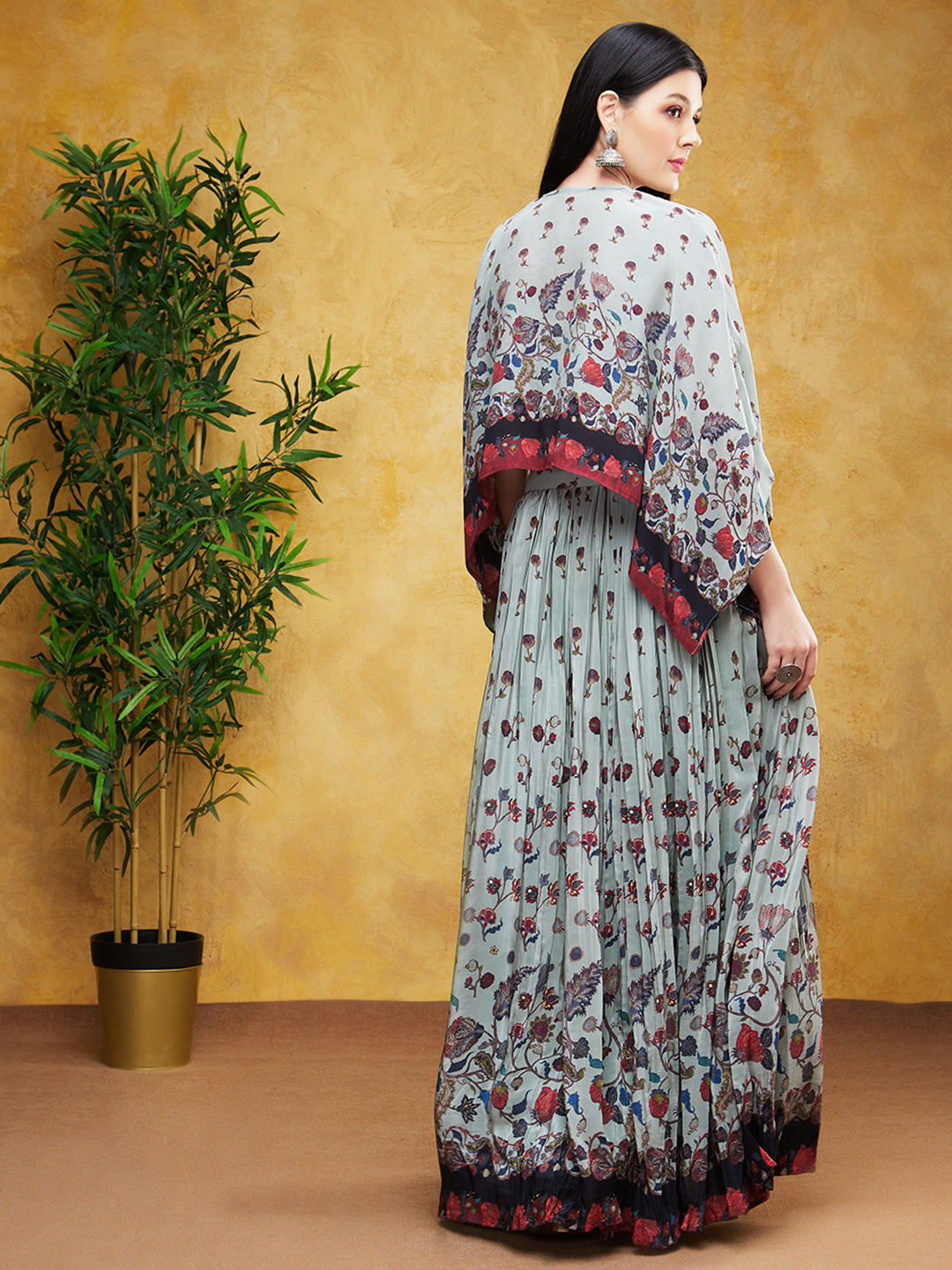 Slate Grey Digital Printed Premium Silk Skirt Set