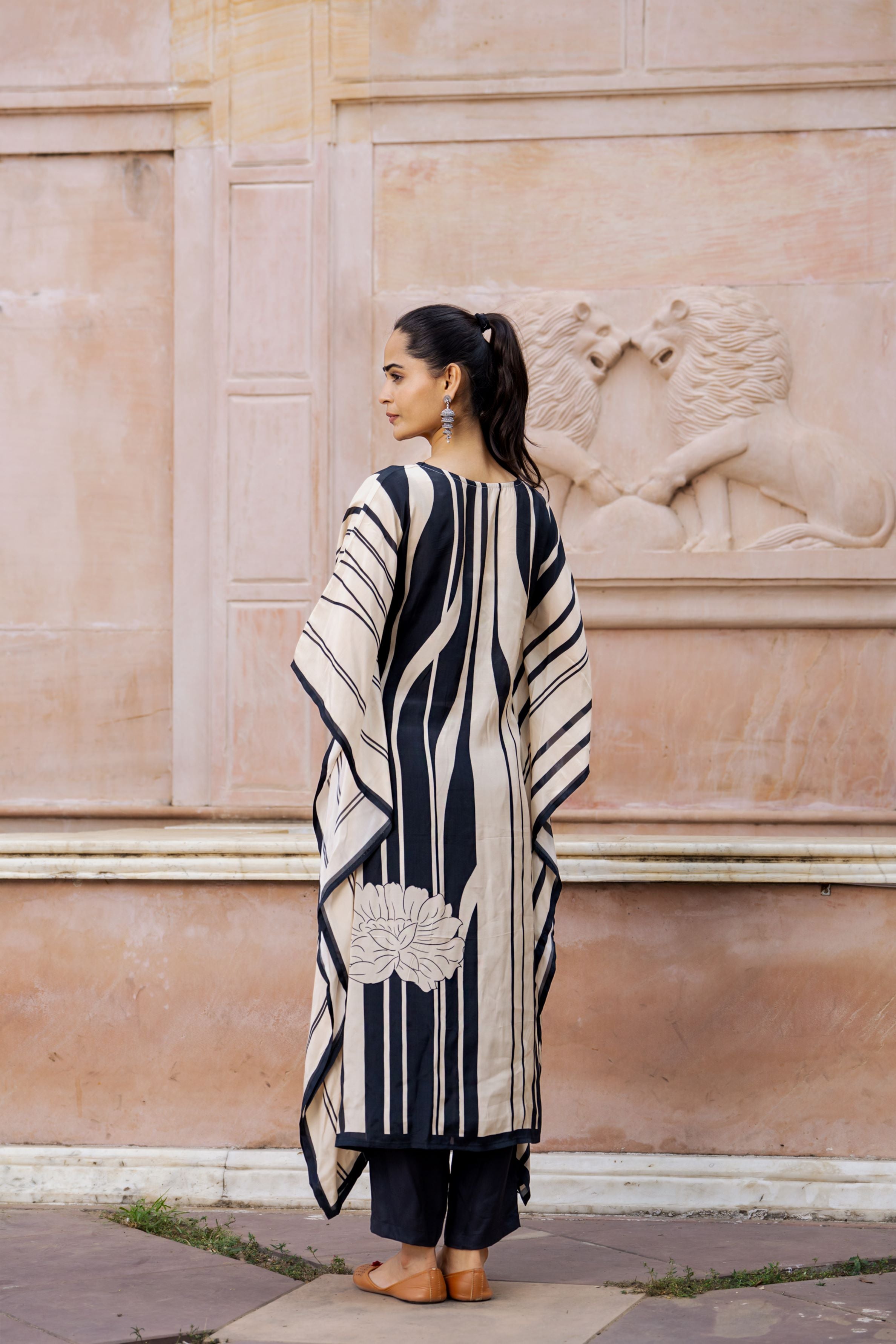 Black Striped Muslin Silk Kaftan Set