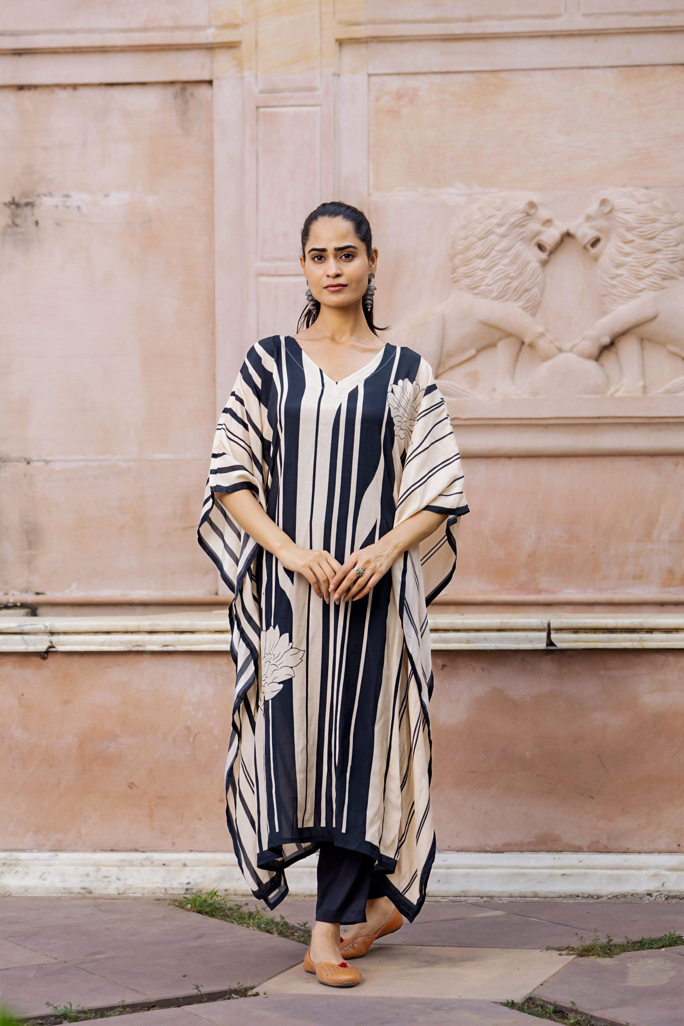 Black Striped Muslin Silk Kaftan Set