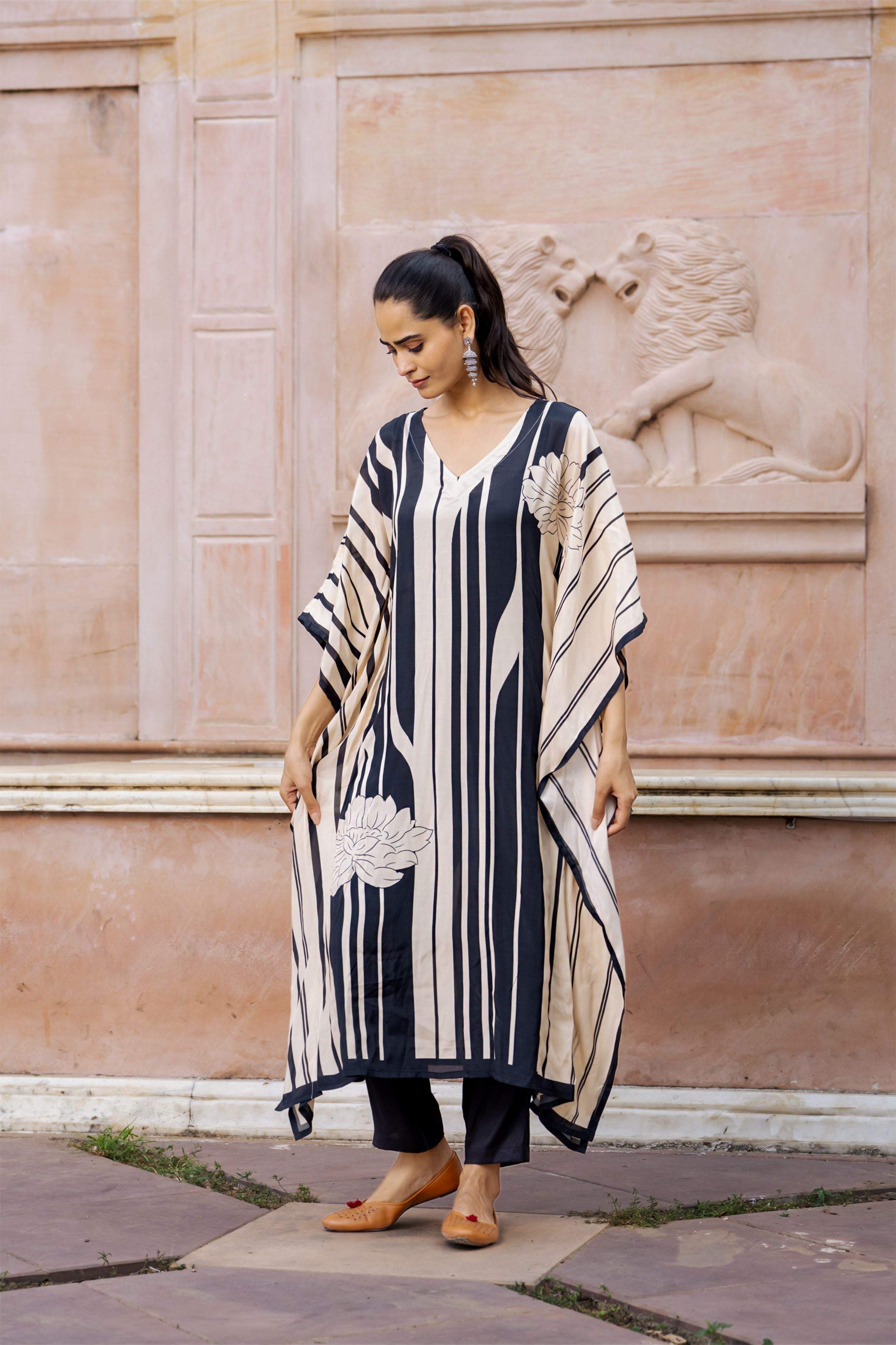 Black Striped Muslin Silk Kaftan Set