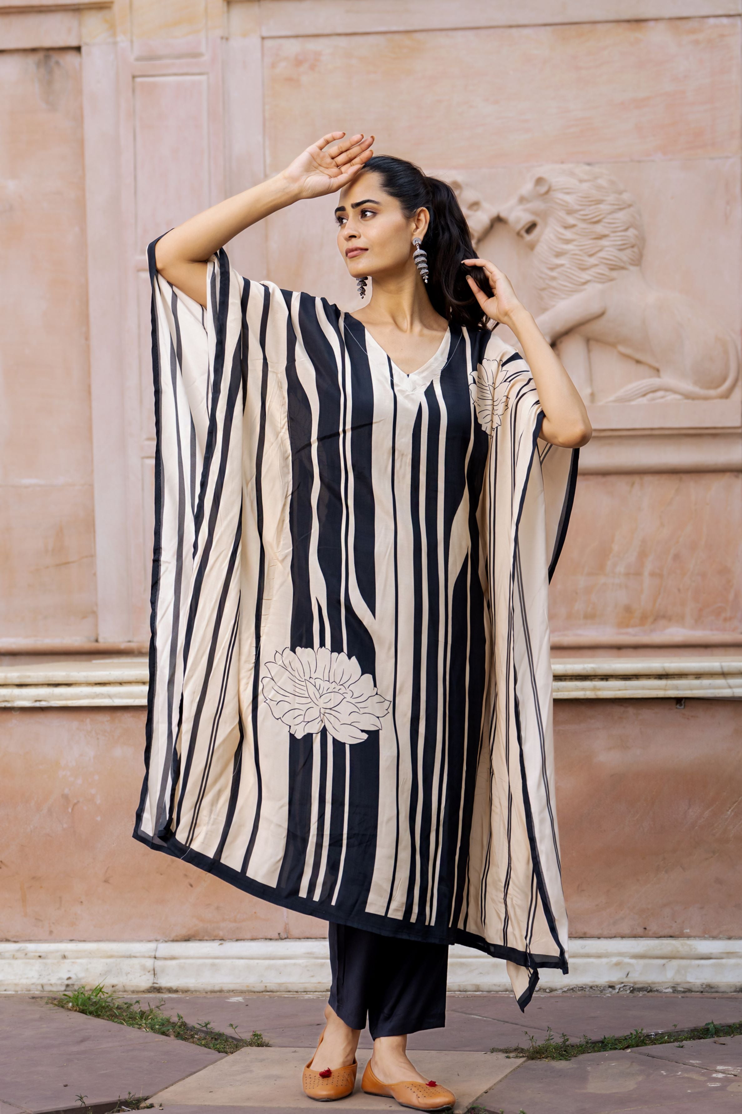 Black Striped Muslin Silk Kaftan Set