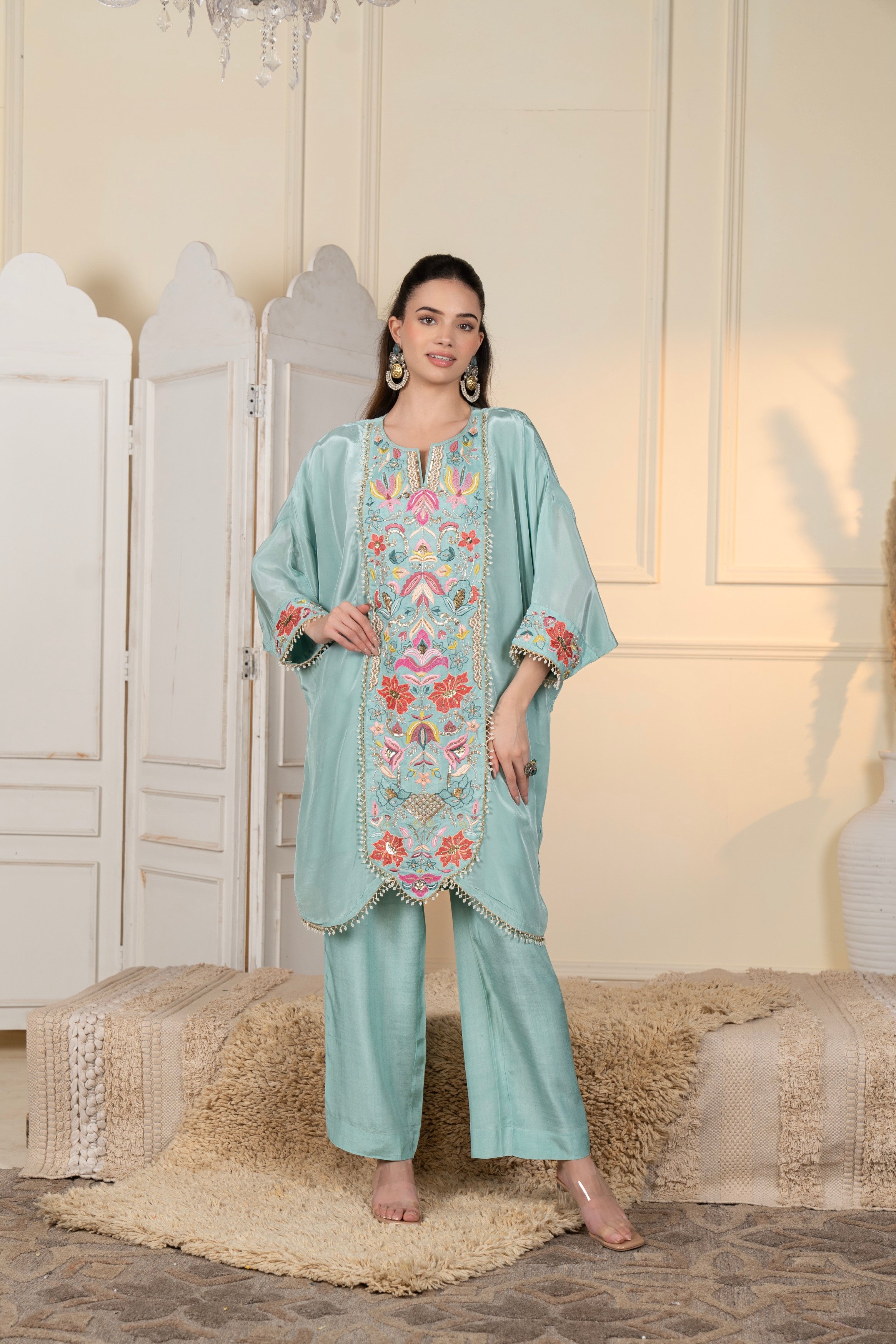 Seafoam Green Embellished Crepe Silk Co-Ord Set