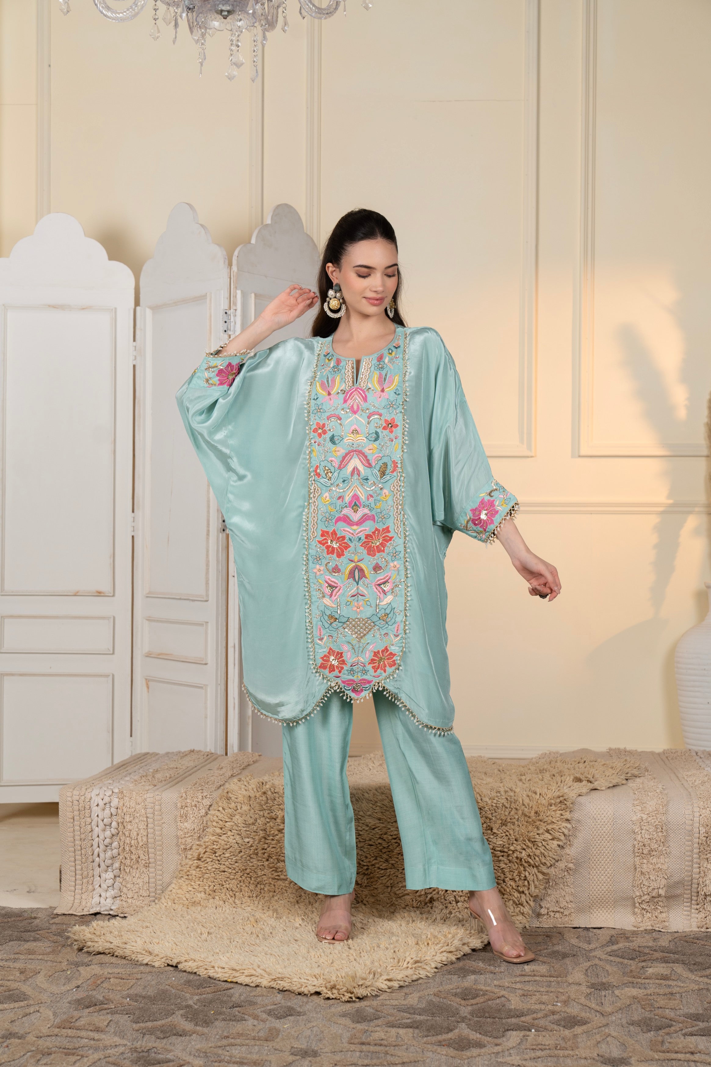 Seafoam Green Embellished Crepe Silk Co-Ord Set