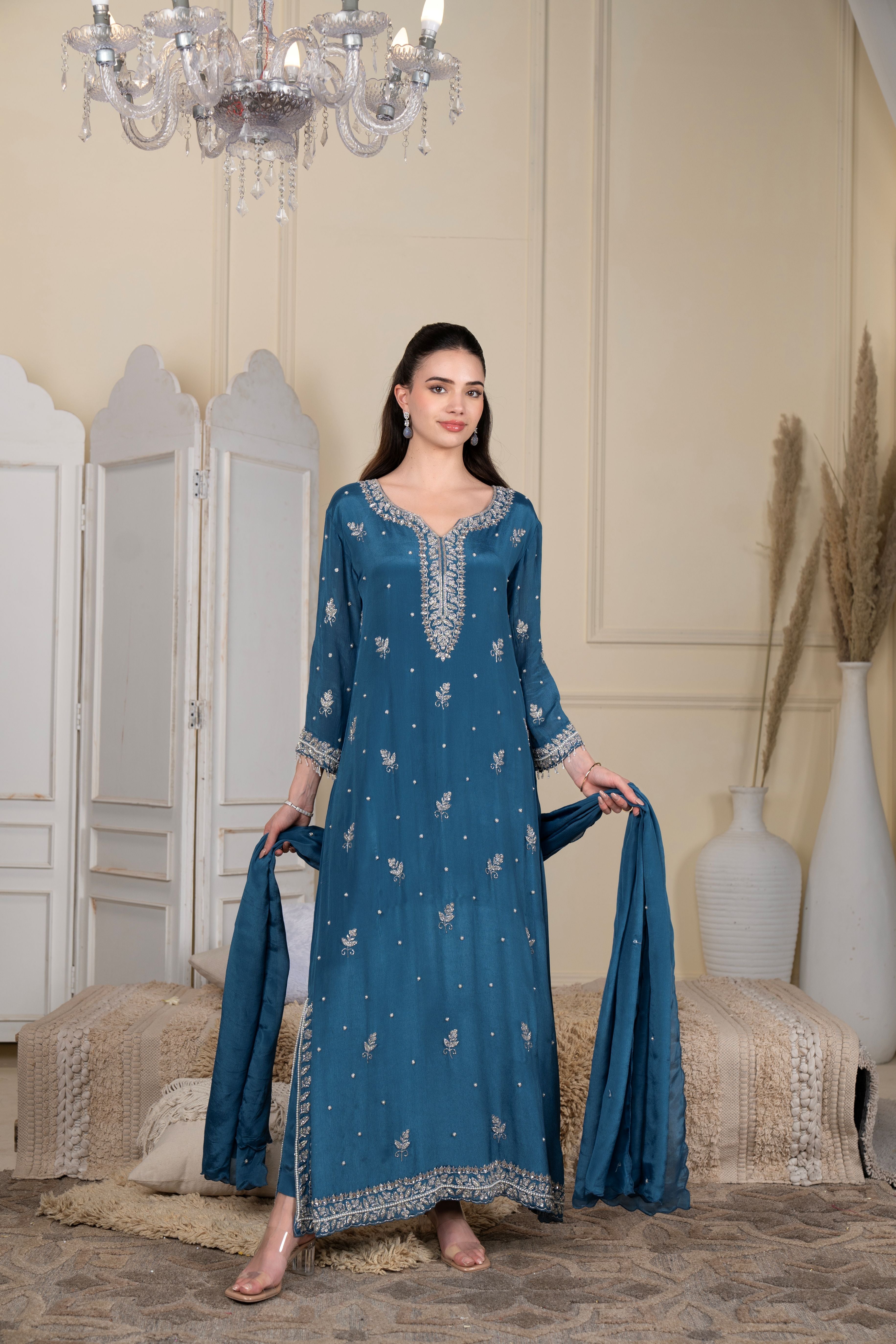 Shahi Blue Embellished Crepe Silk Pant Set