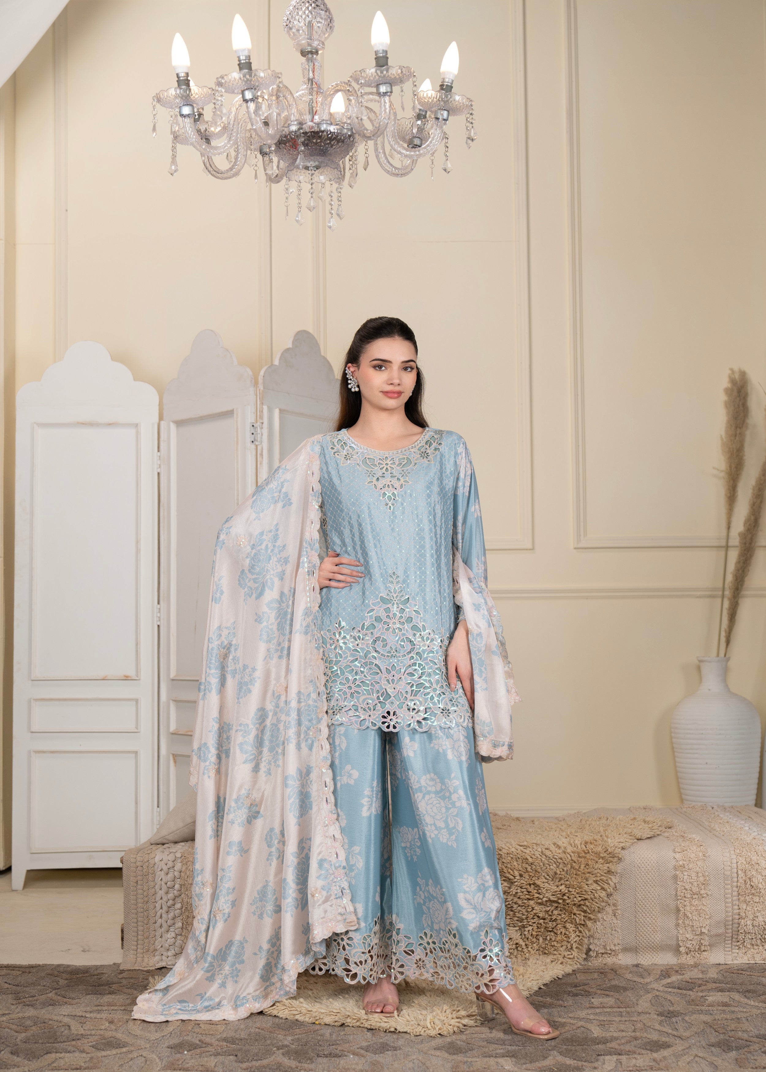 Ice Blue Embellished Crepe Silk Palazzo Set