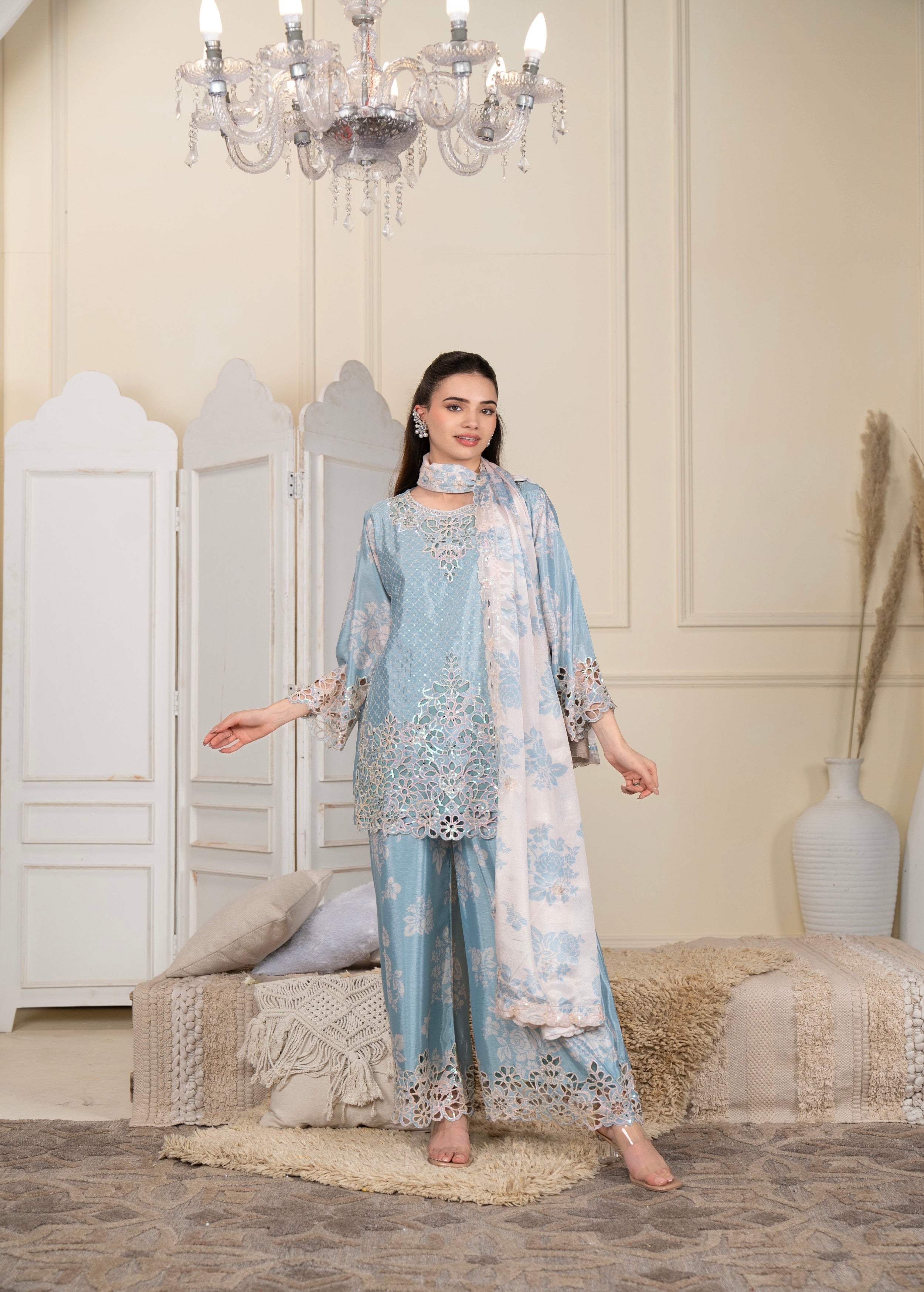 Ice Blue Embellished Crepe Silk Palazzo Set