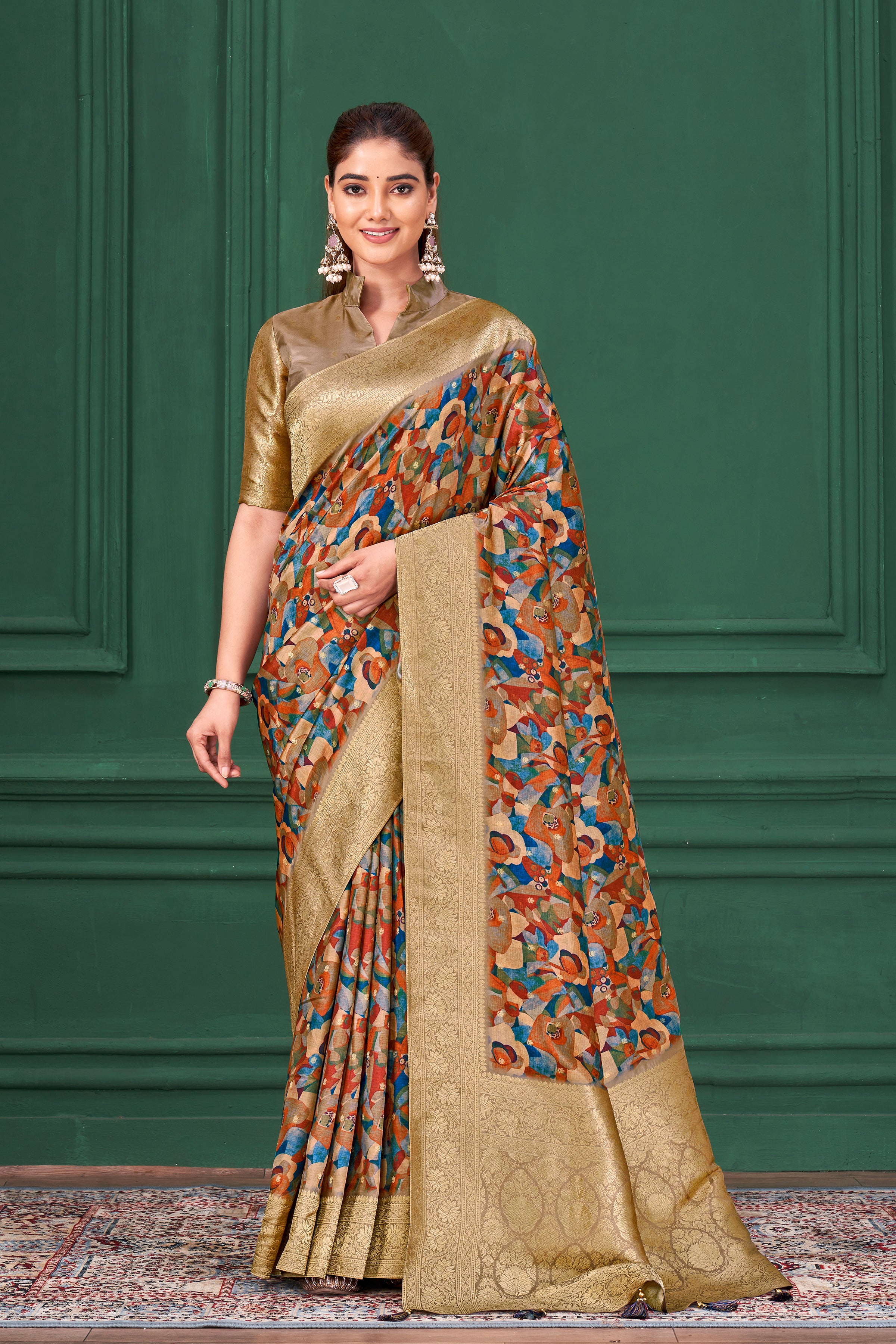 Multicolor Digital Printed Tussar Silk Saree