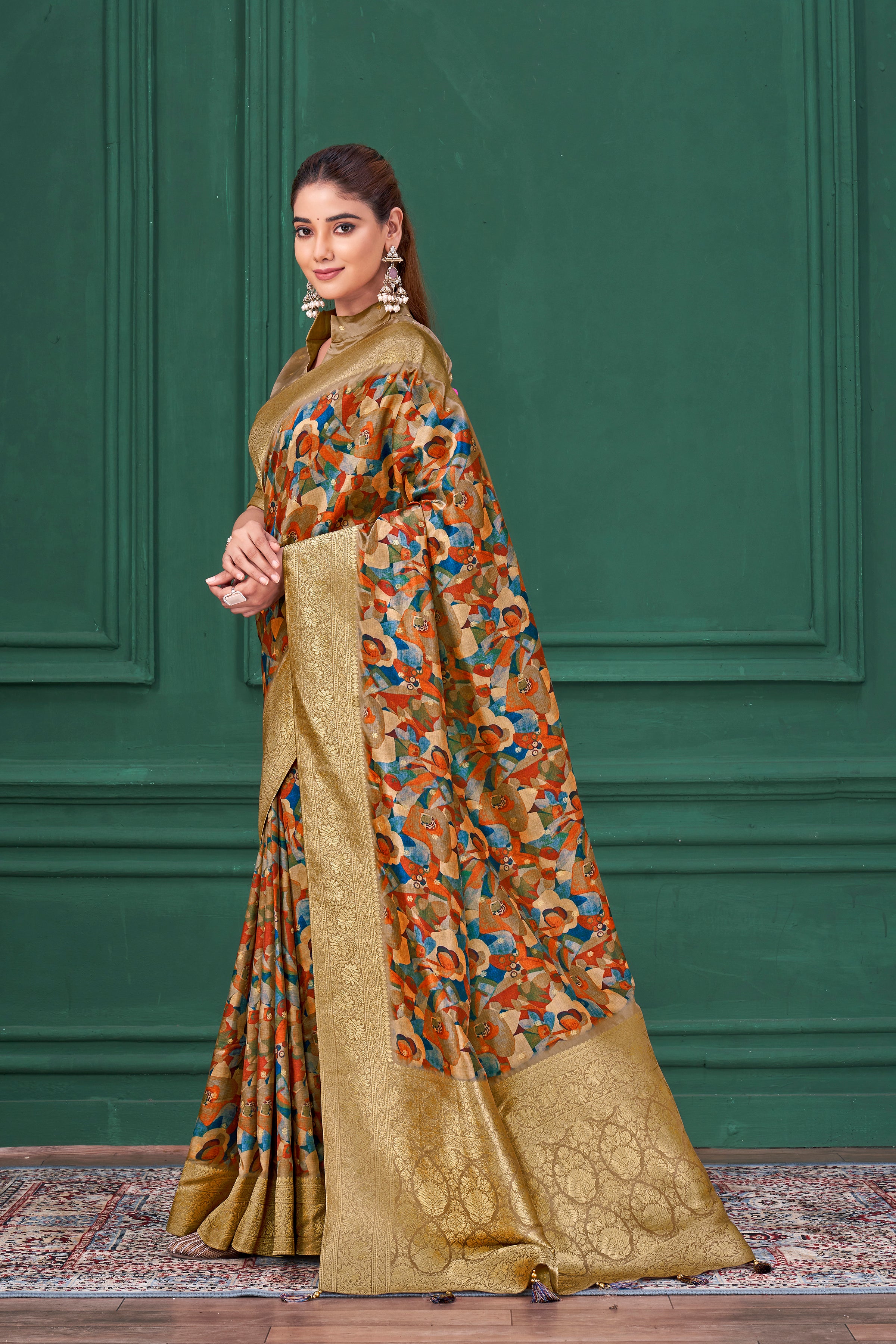 Multicolor Digital Printed Tussar Silk Saree
