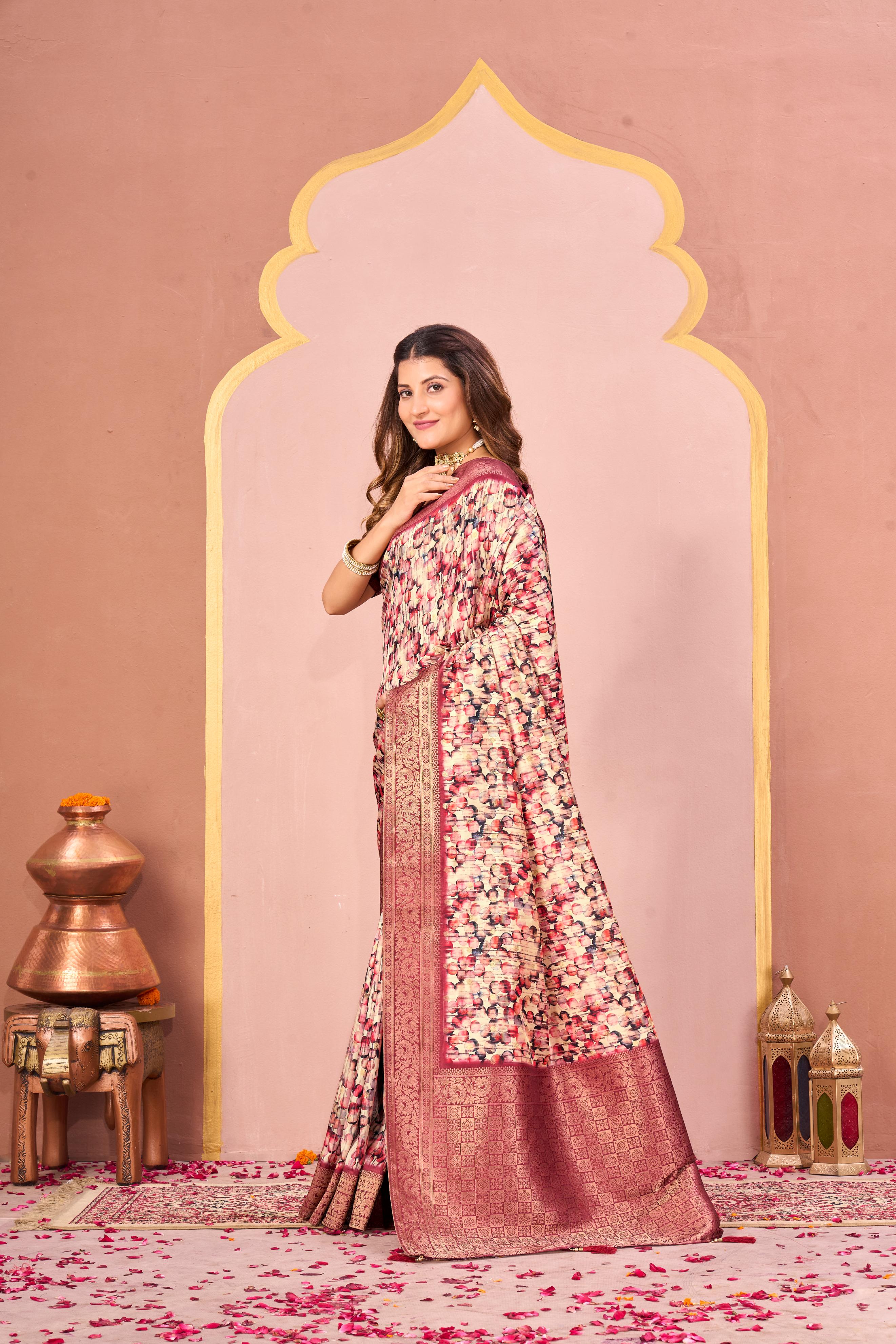 Rust Tussar Silk Jacquard Saree with Abstract Digital Print