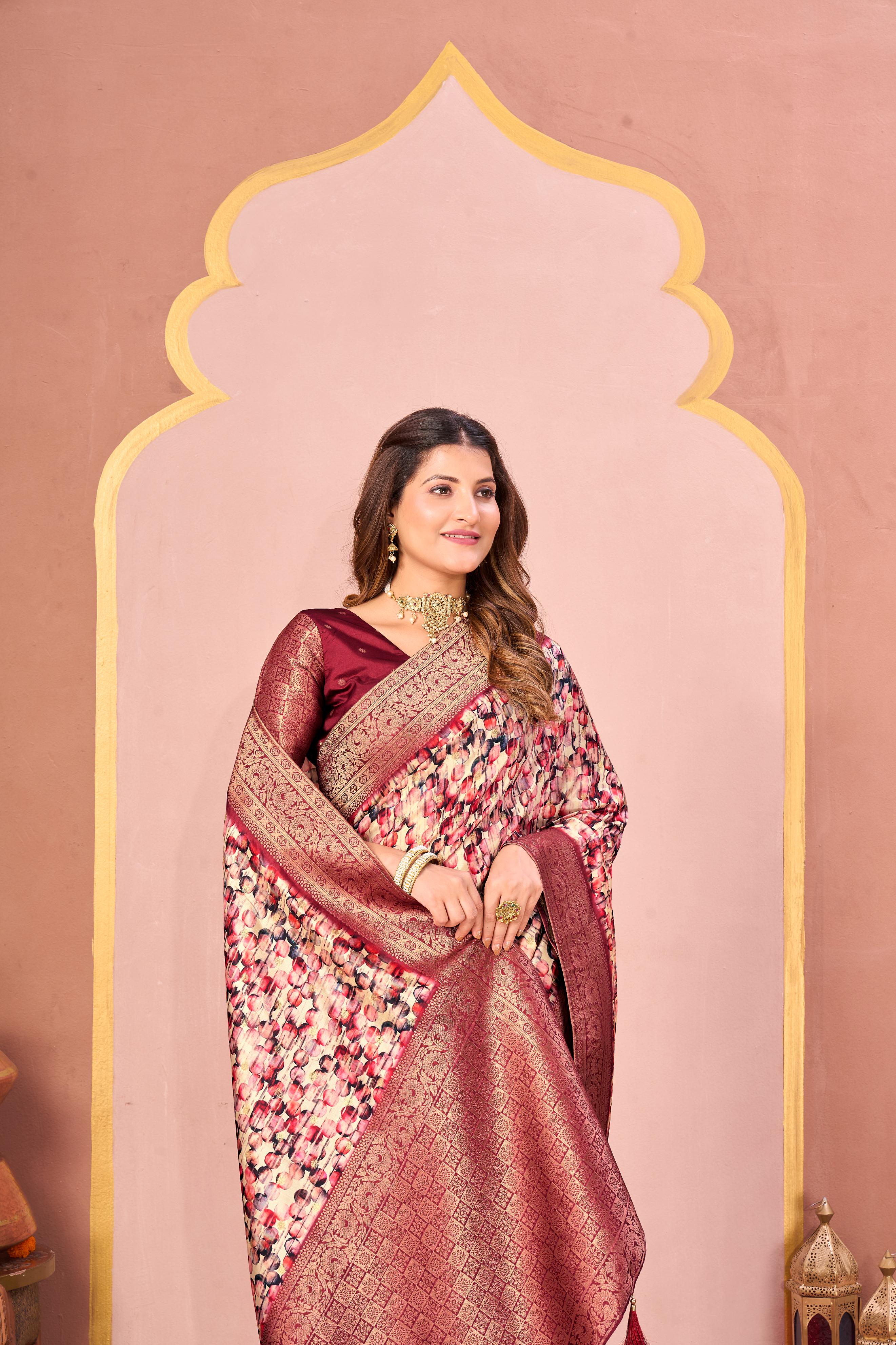 Rust Tussar Silk Jacquard Saree with Abstract Digital Print