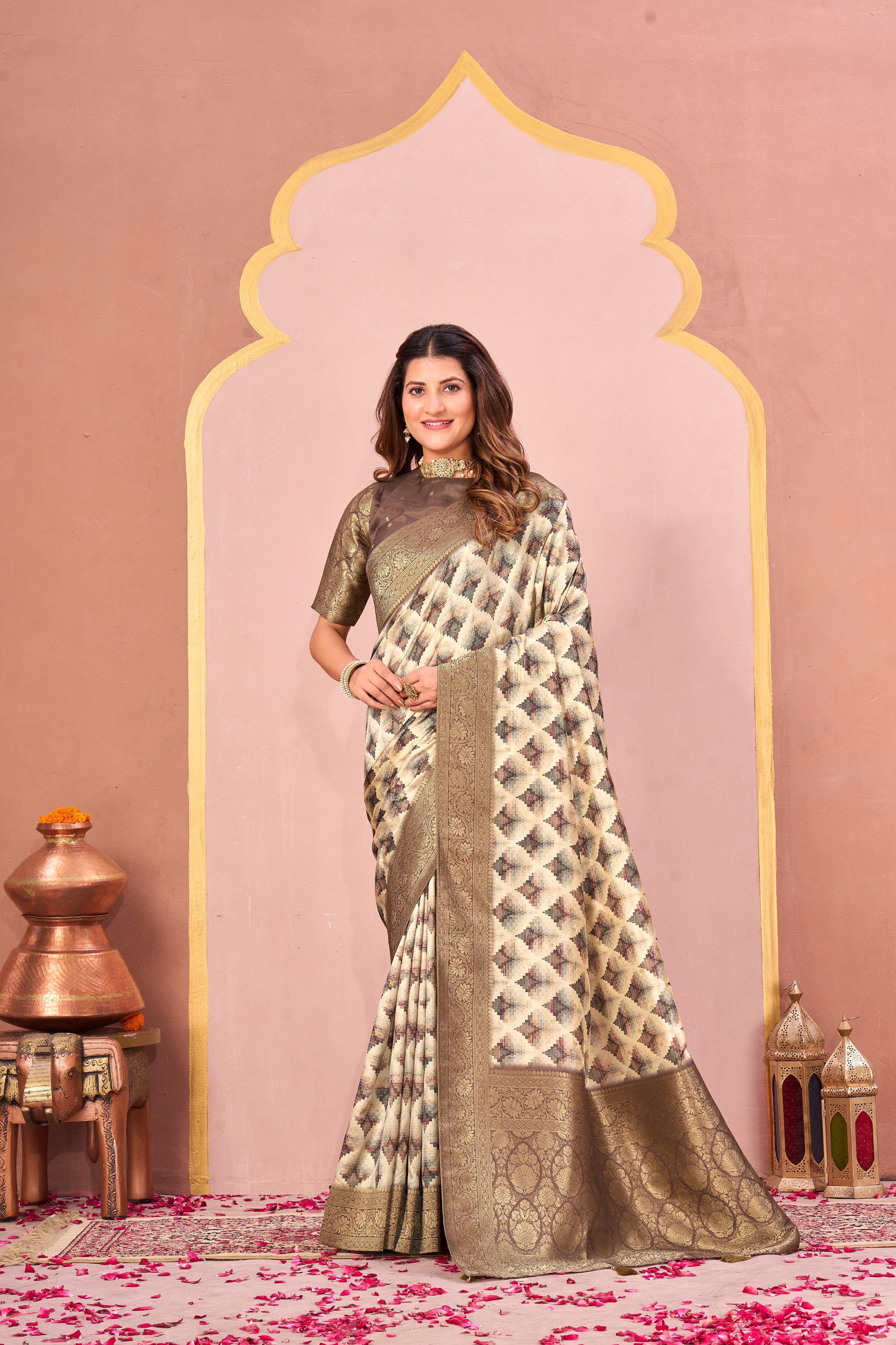 Rust Brown & Beige Tussar Silk Jacquard Saree