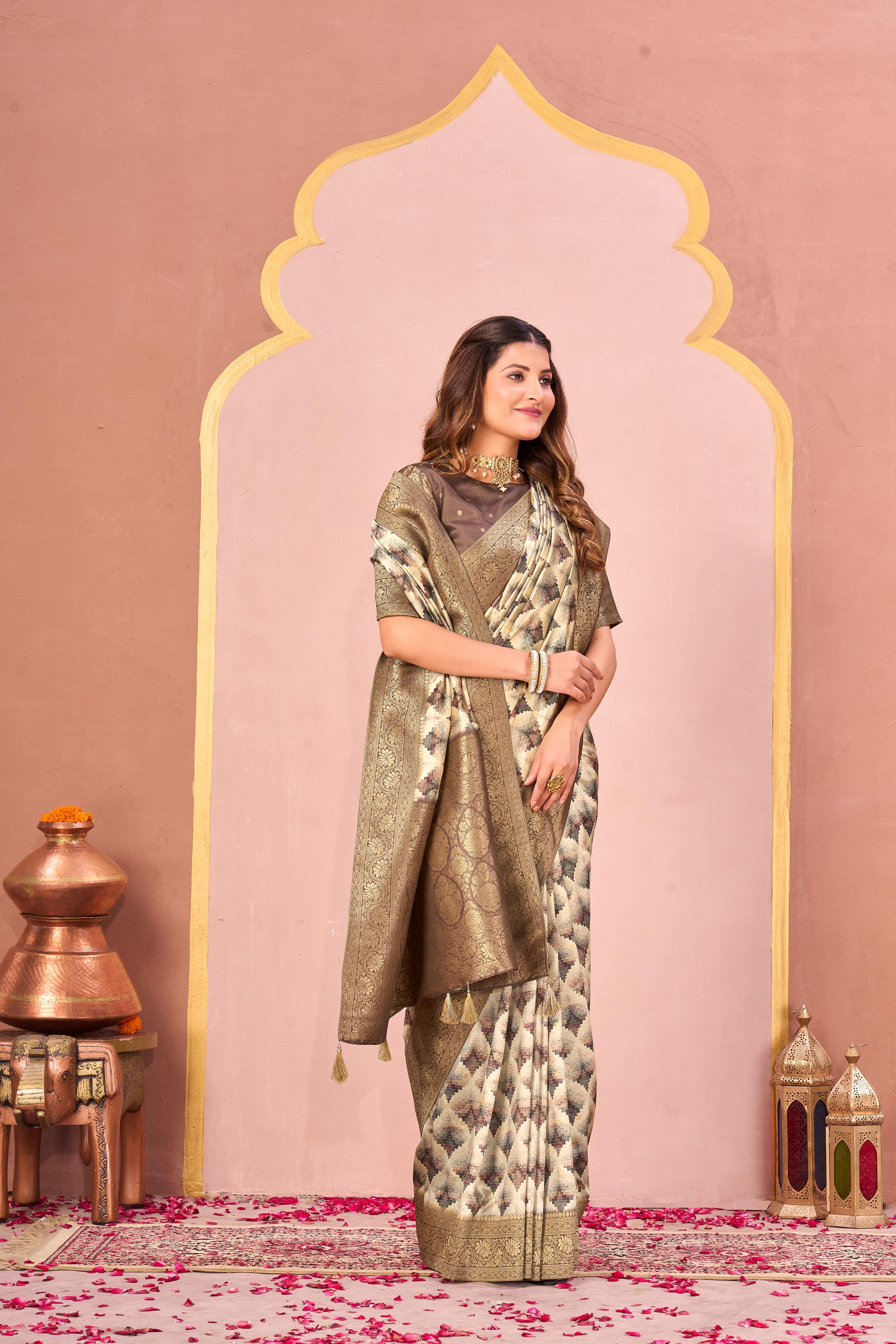Rust Brown & Beige Tussar Silk Jacquard Saree