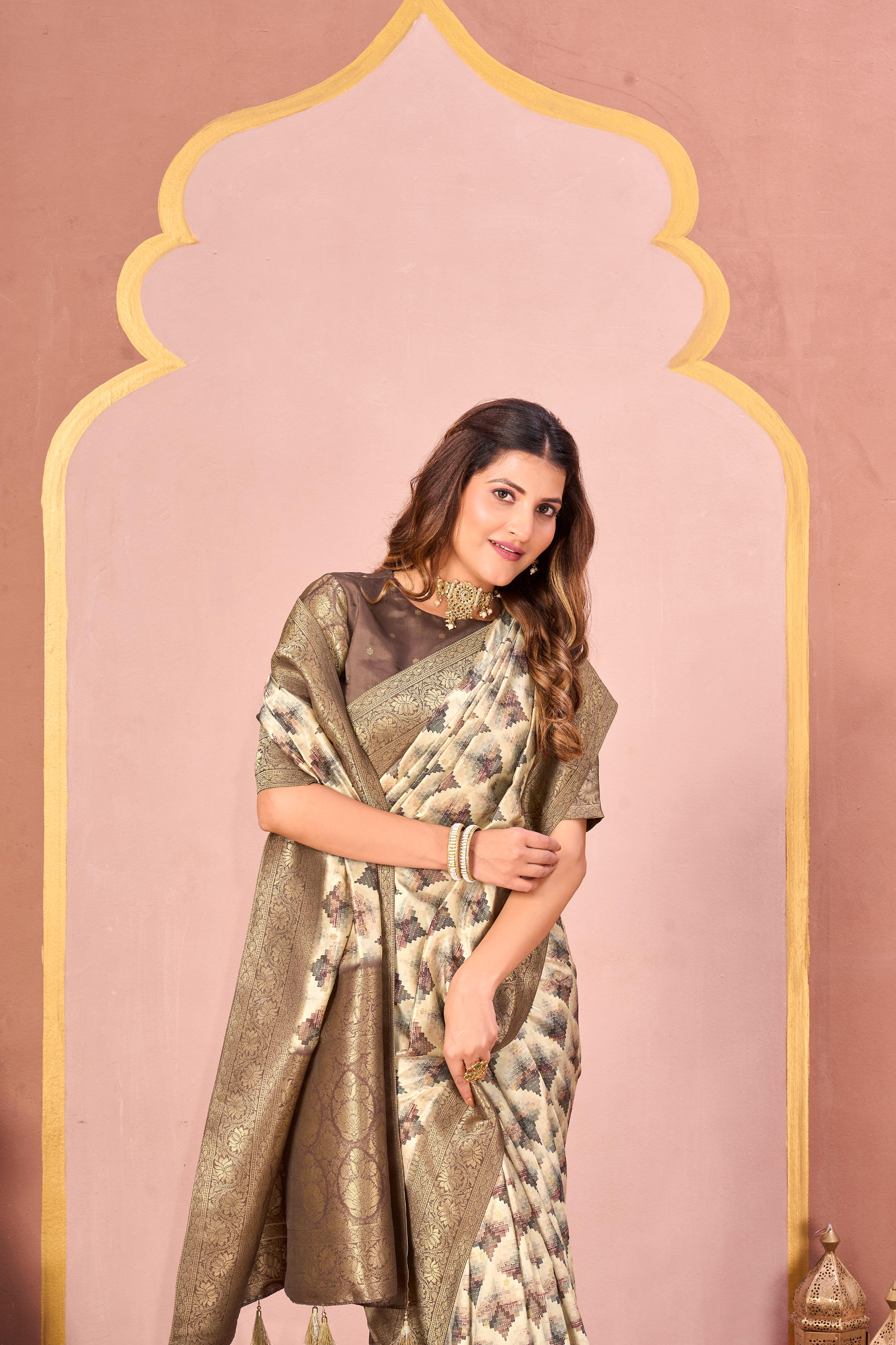 Rust Brown & Beige Tussar Silk Jacquard Saree