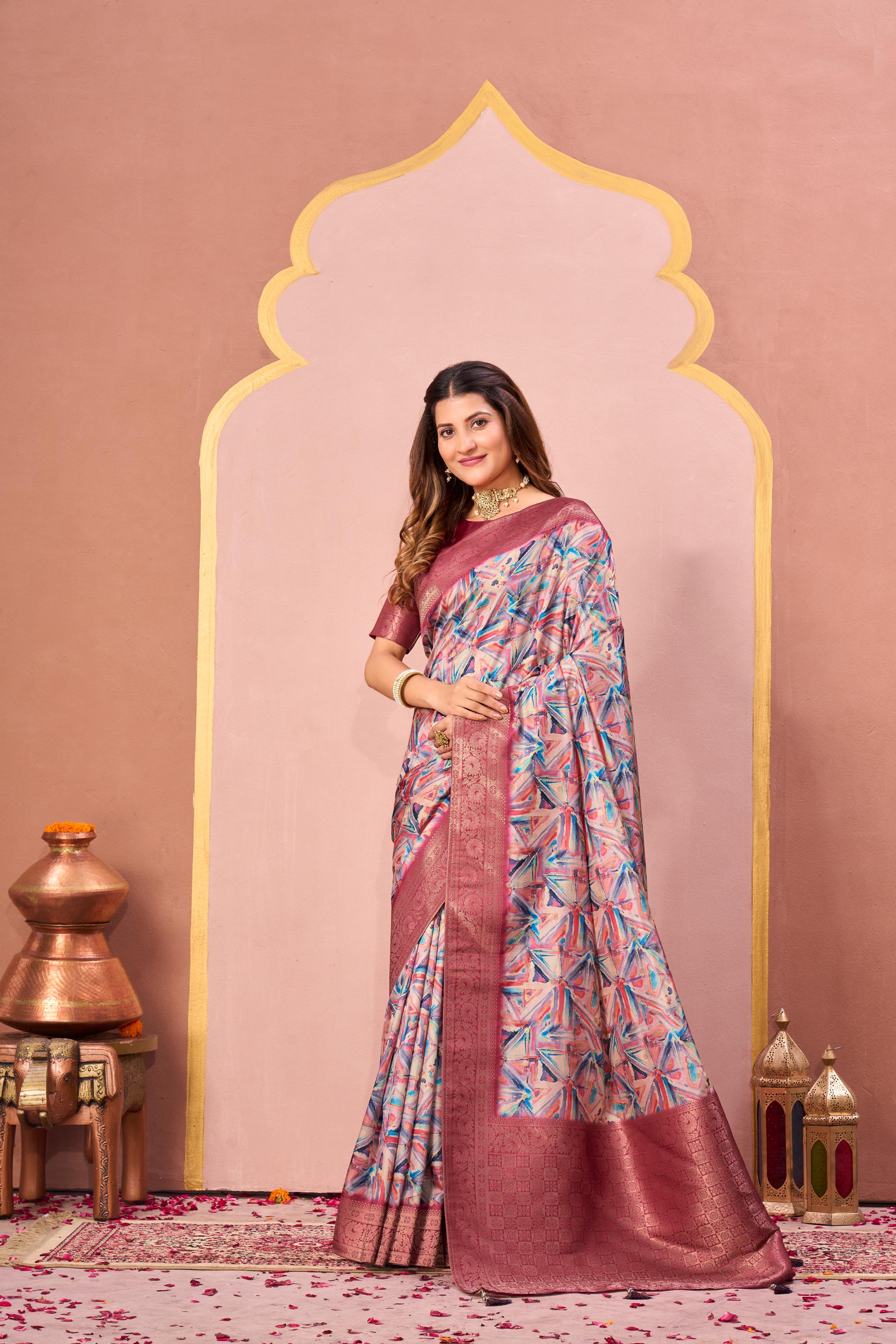 Gajari Tussar Silk Jacquard Saree with Digital Print