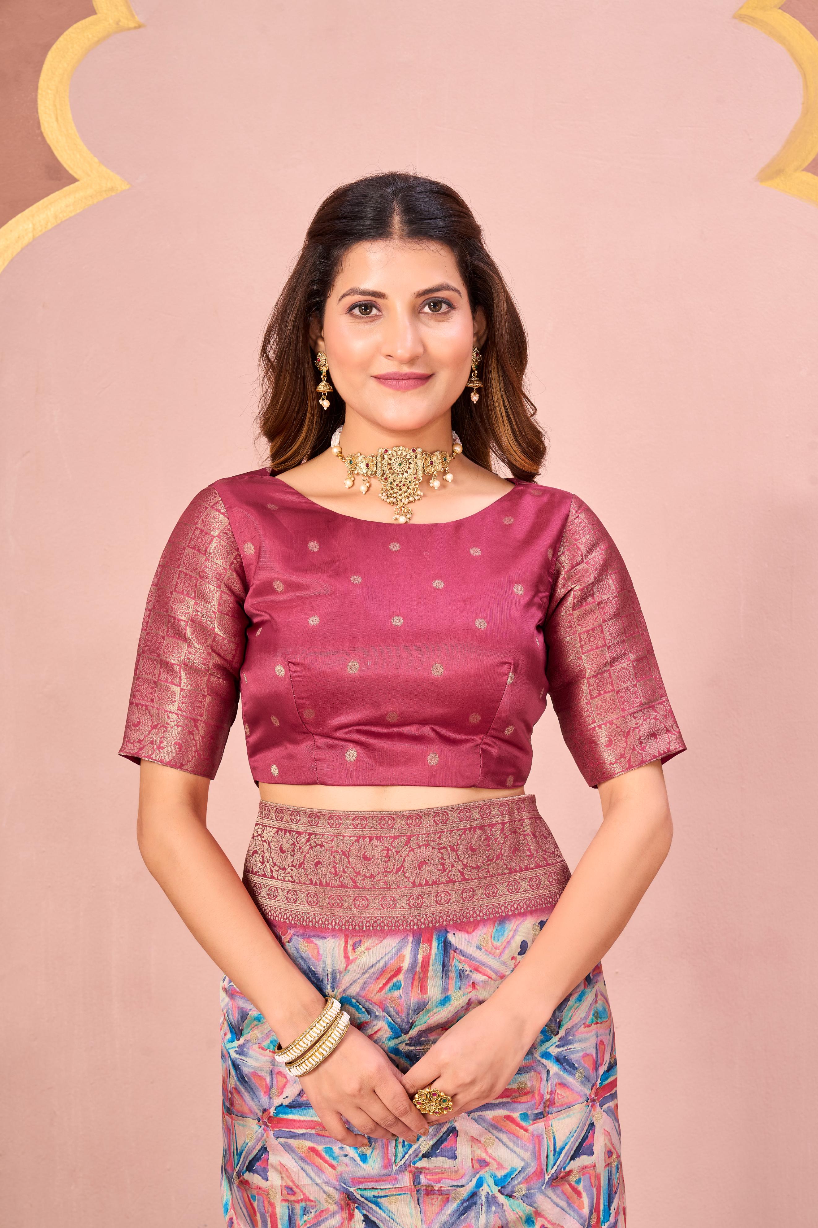 Gajari Tussar Silk Jacquard Saree with Digital Print