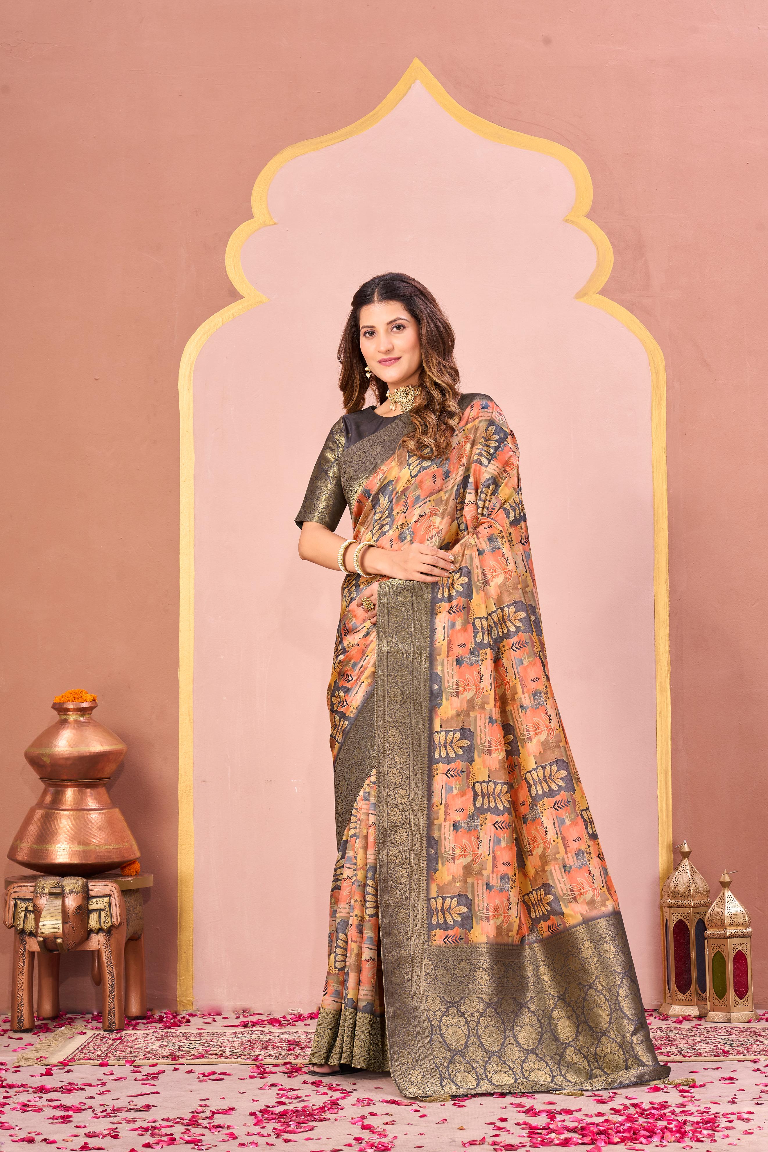 Peach Tussar Silk Jacquard Saree with Antique Border