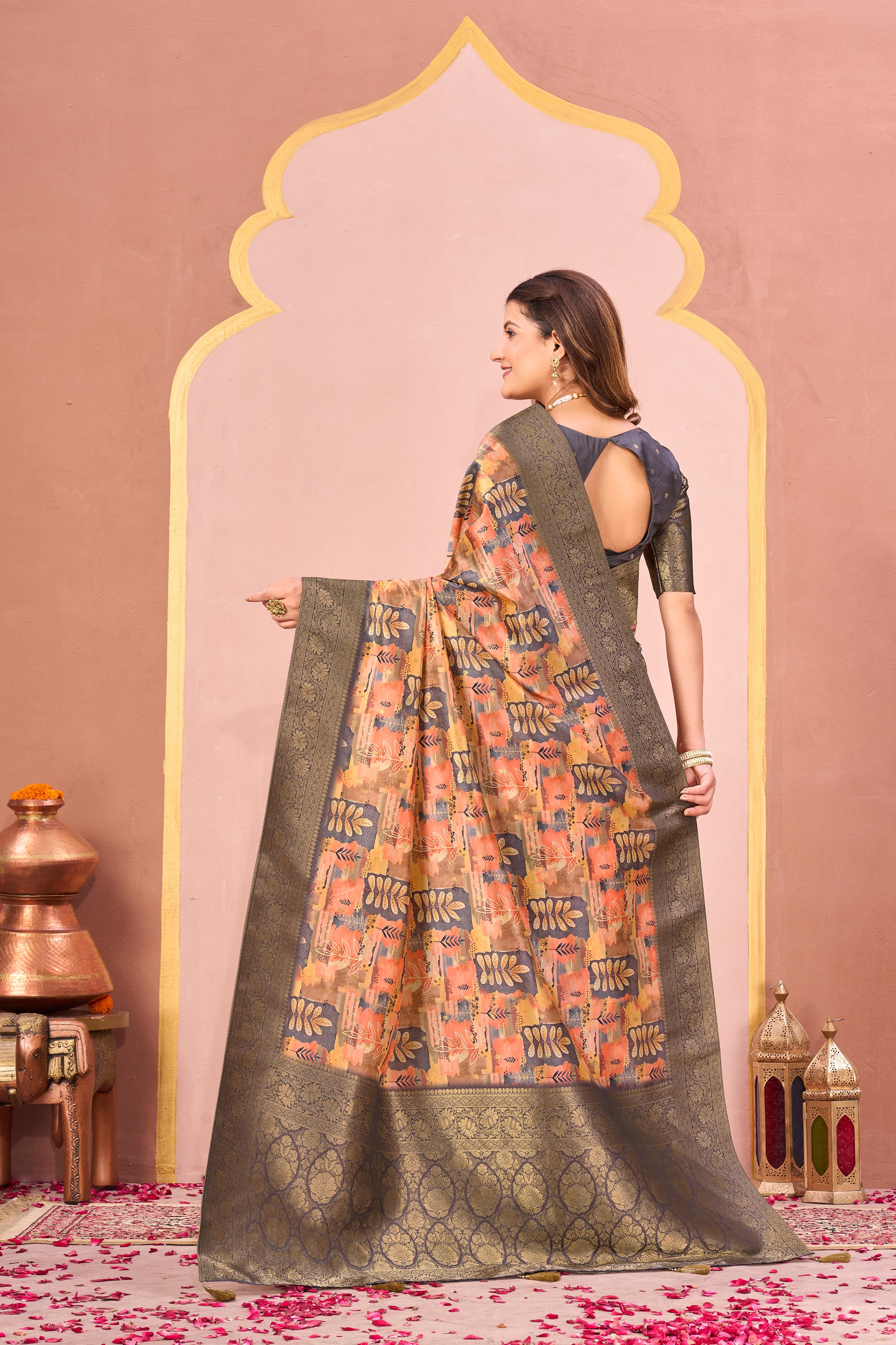 Peach Tussar Silk Jacquard Saree with Antique Border