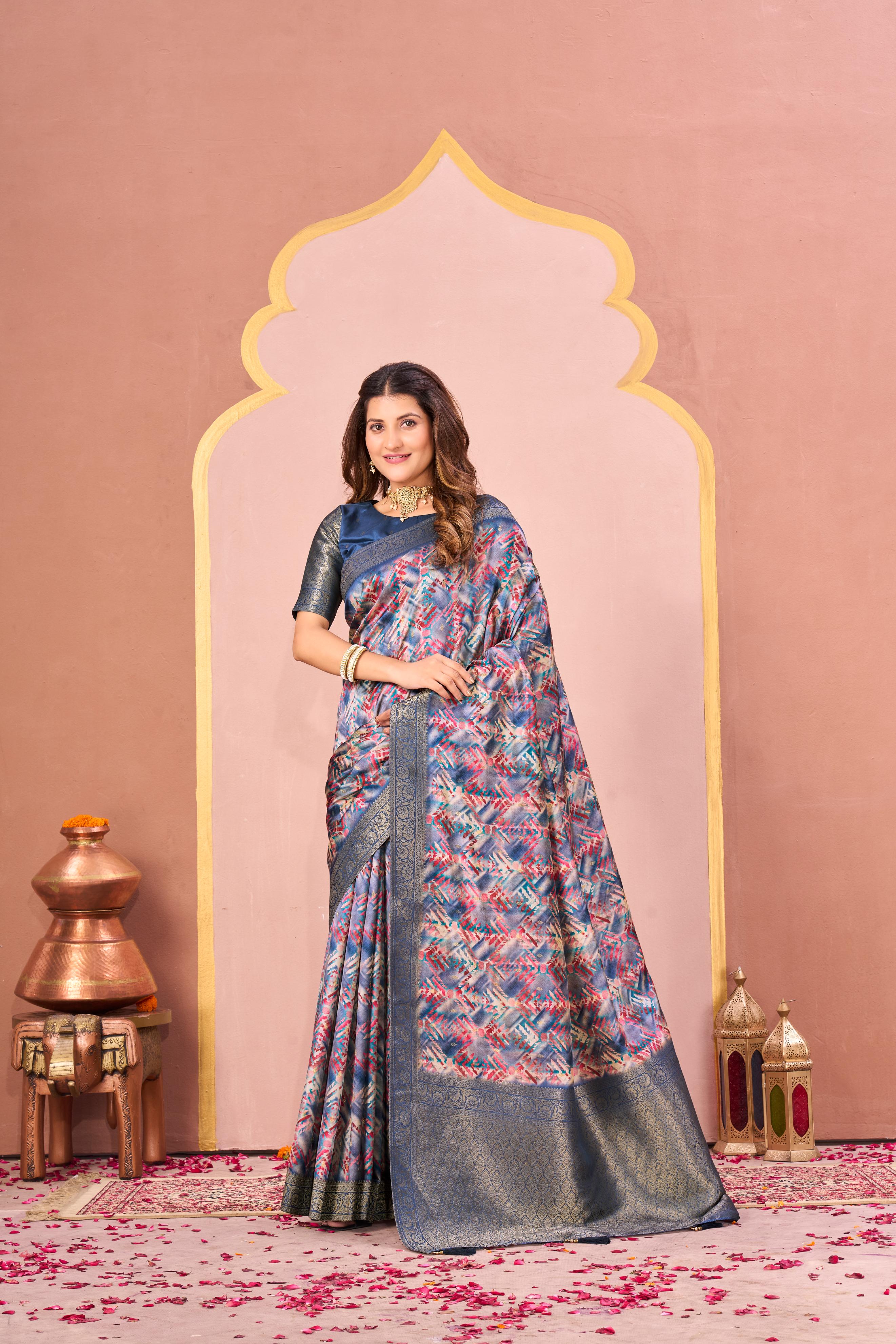 Blue Tussar Silk Jacquard Saree with Digital Print