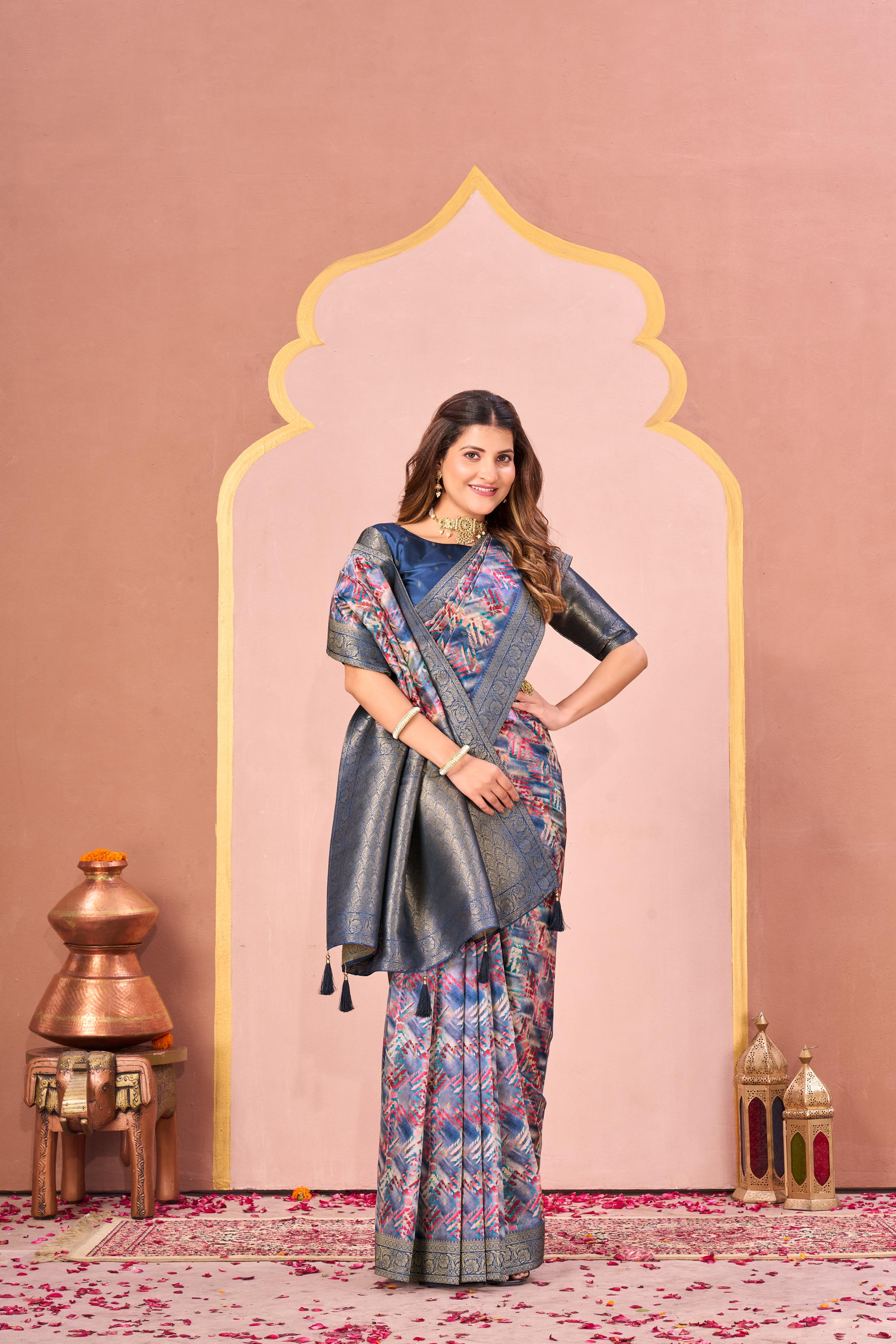 Blue Tussar Silk Jacquard Saree with Digital Print