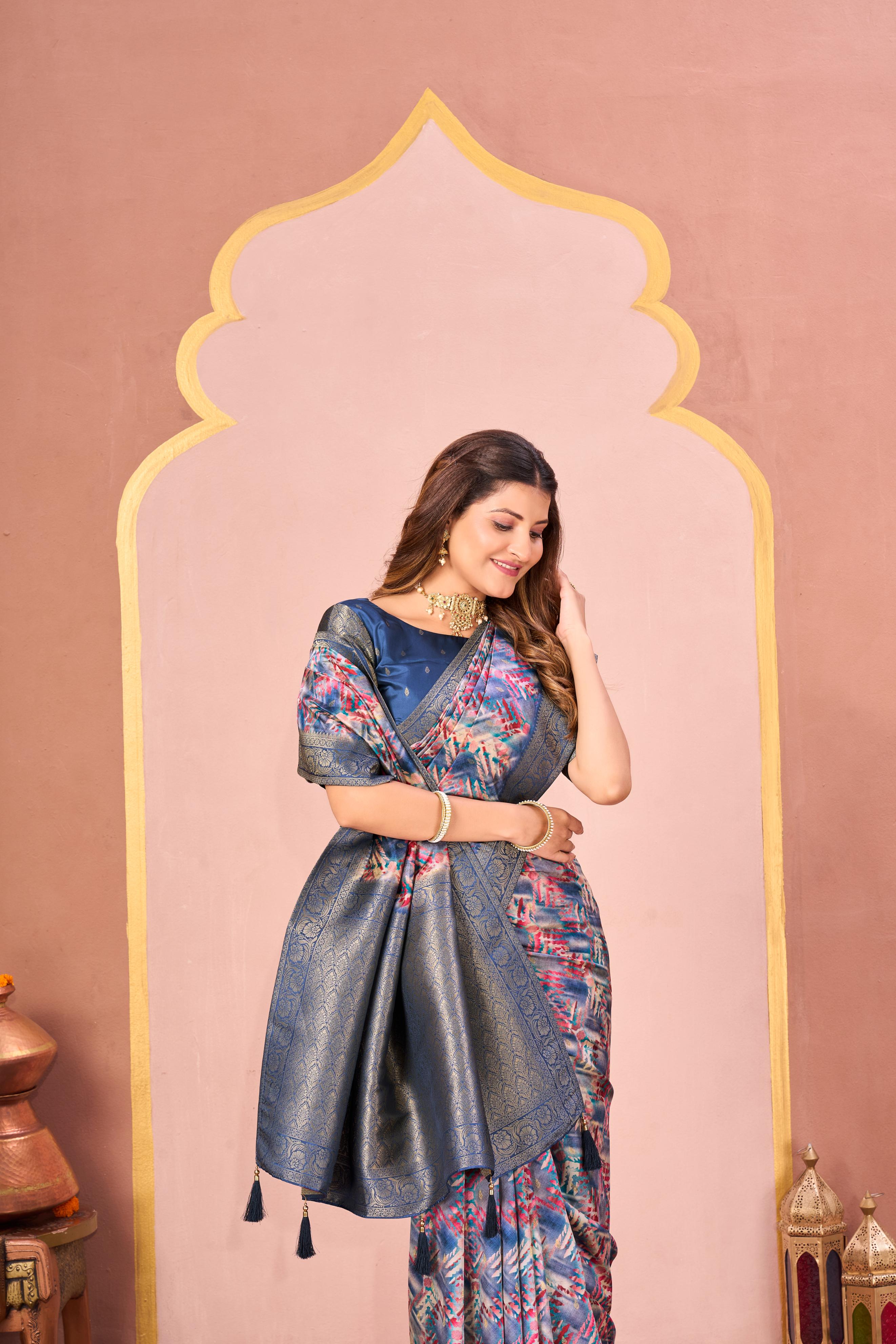 Blue Tussar Silk Jacquard Saree with Digital Print