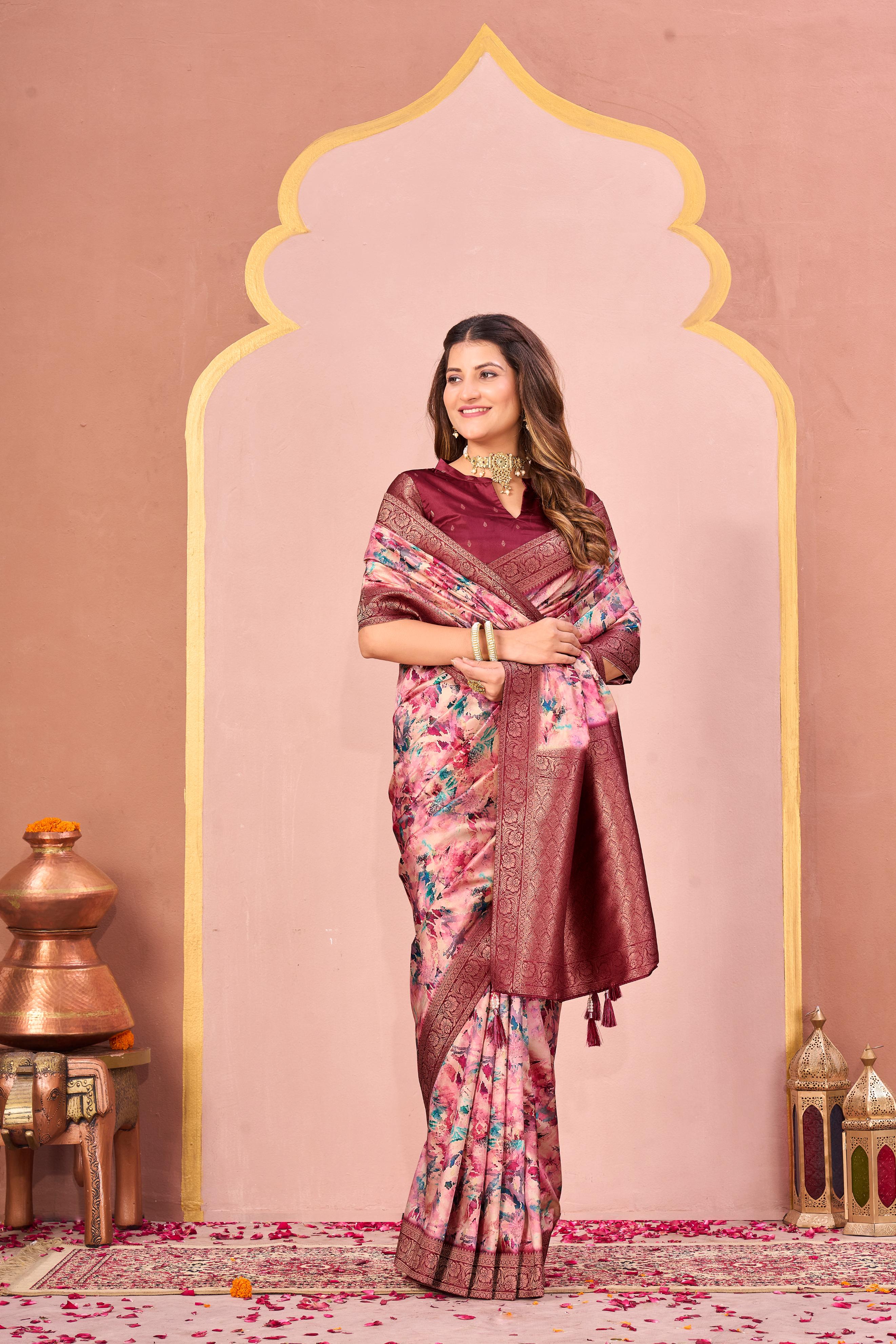 Maroon Tussar Silk Jacquard Saree with Digital Floral Print