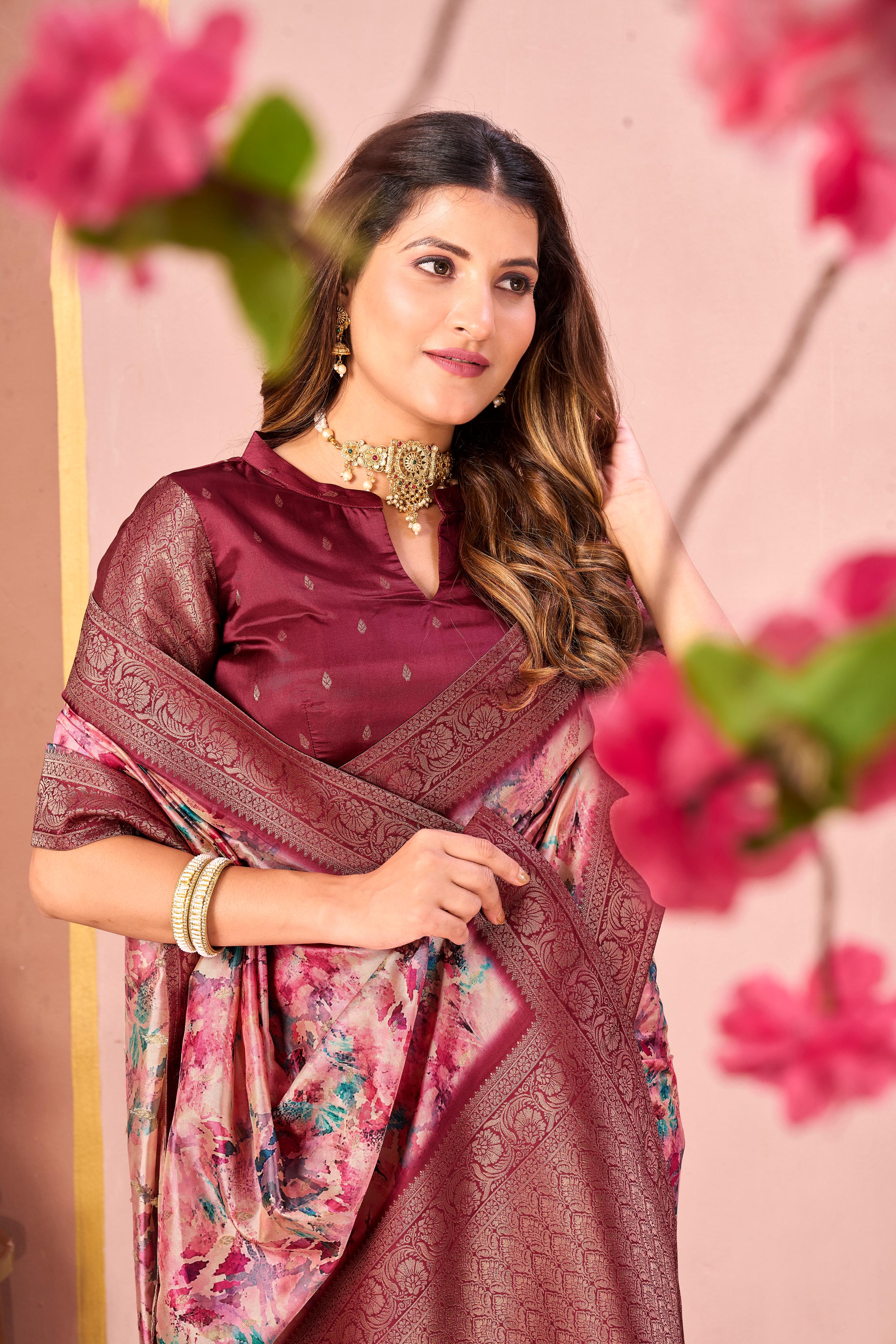 Maroon Tussar Silk Jacquard Saree with Digital Floral Print