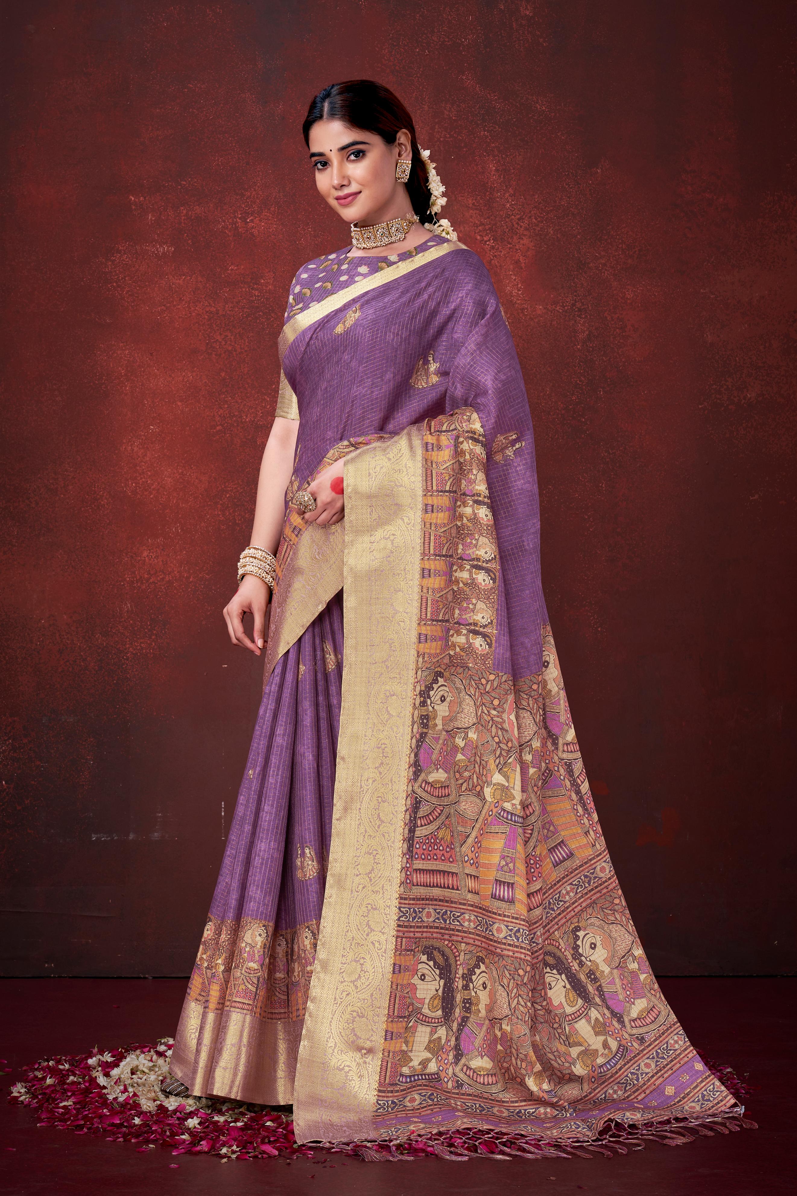 Purple Habotai Silk Saree with Foil Floral Print
