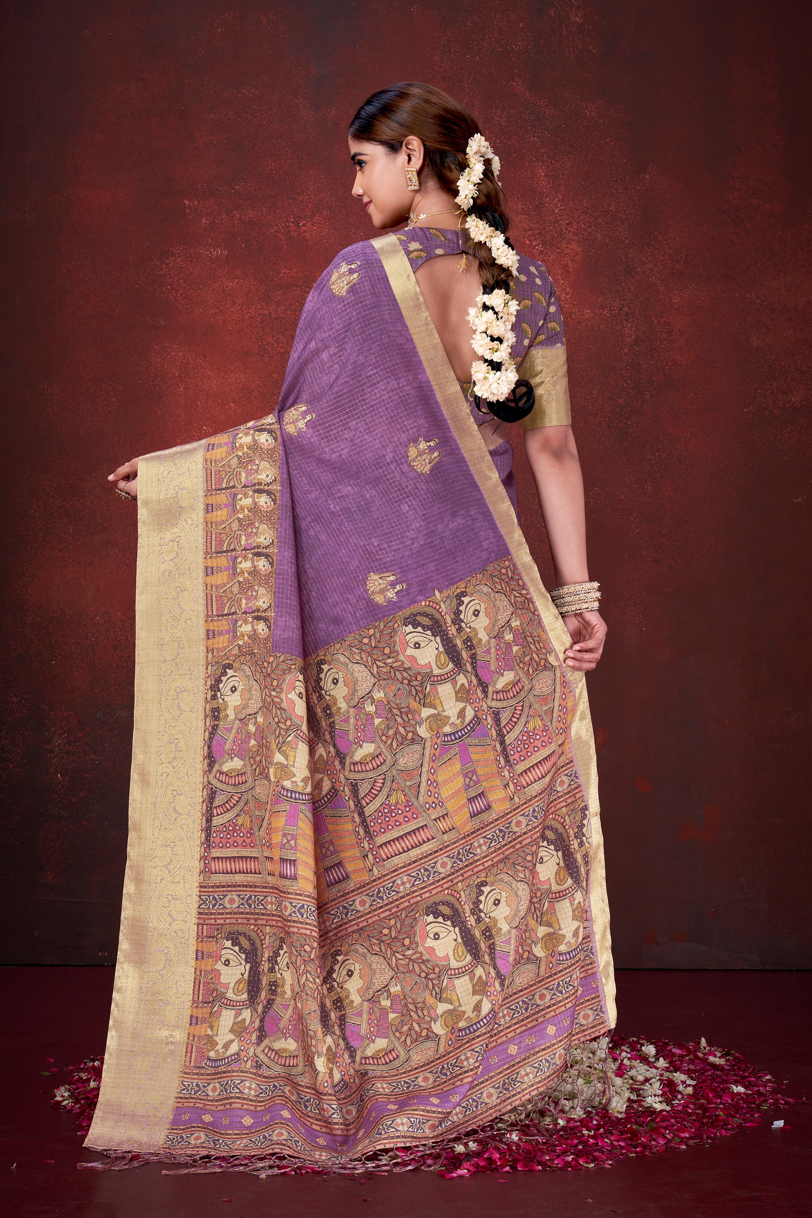 Purple Habotai Silk Saree with Foil Floral Print