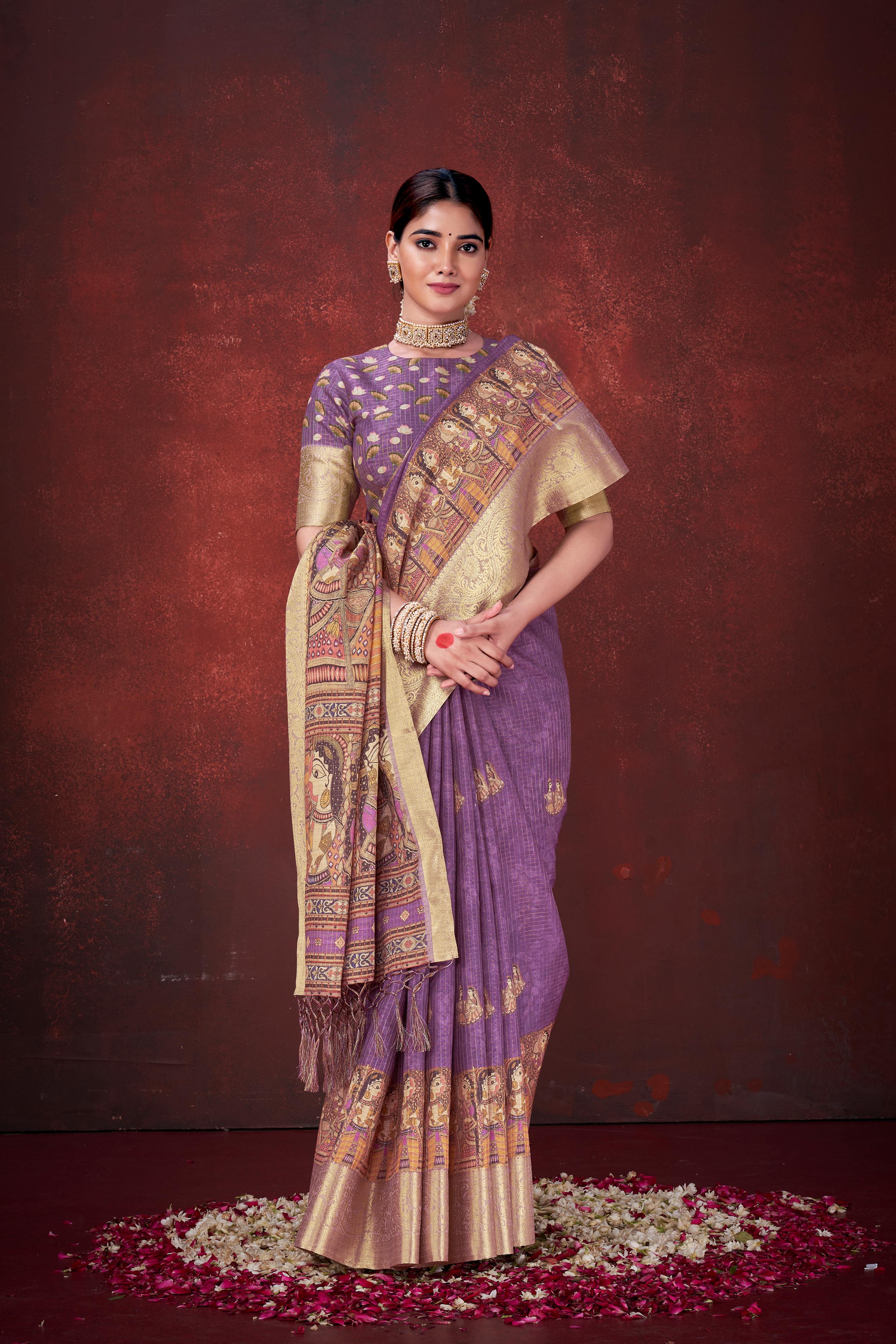 Purple Habotai Silk Saree with Foil Floral Print