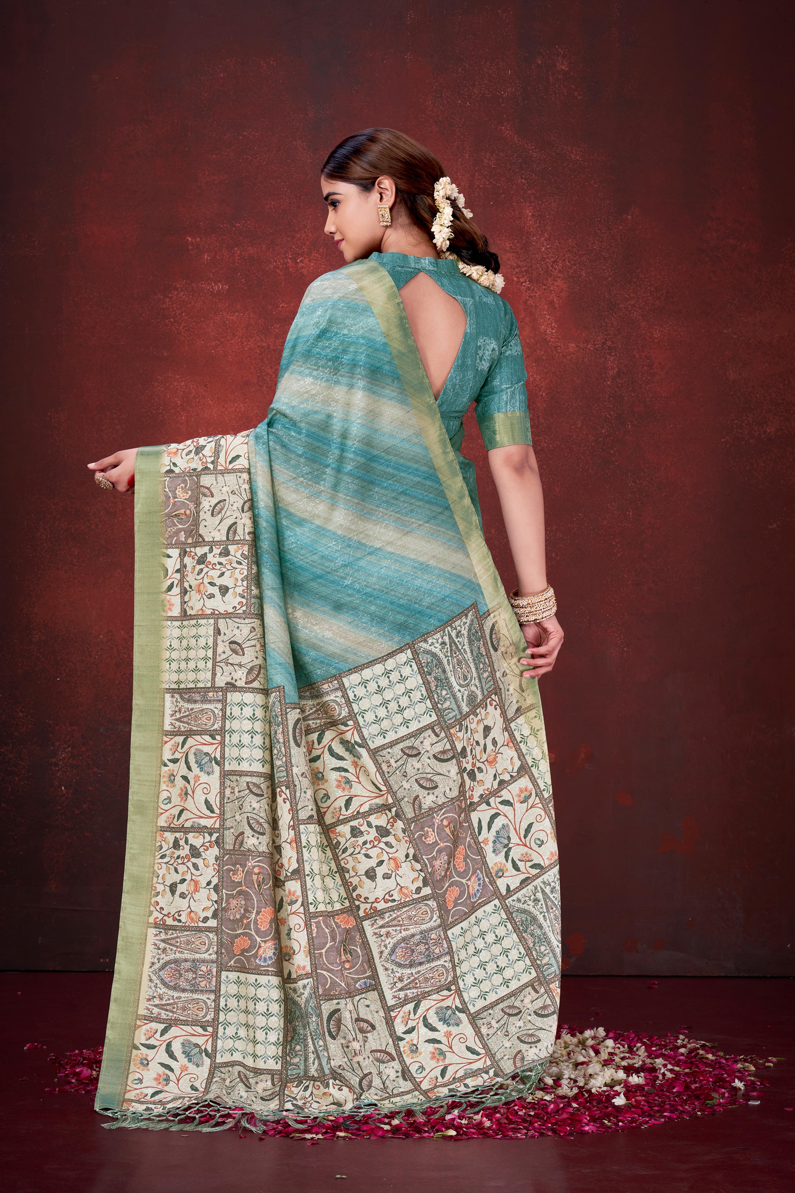 Sky Blue Habotai Silk Saree with Foil Floral Print