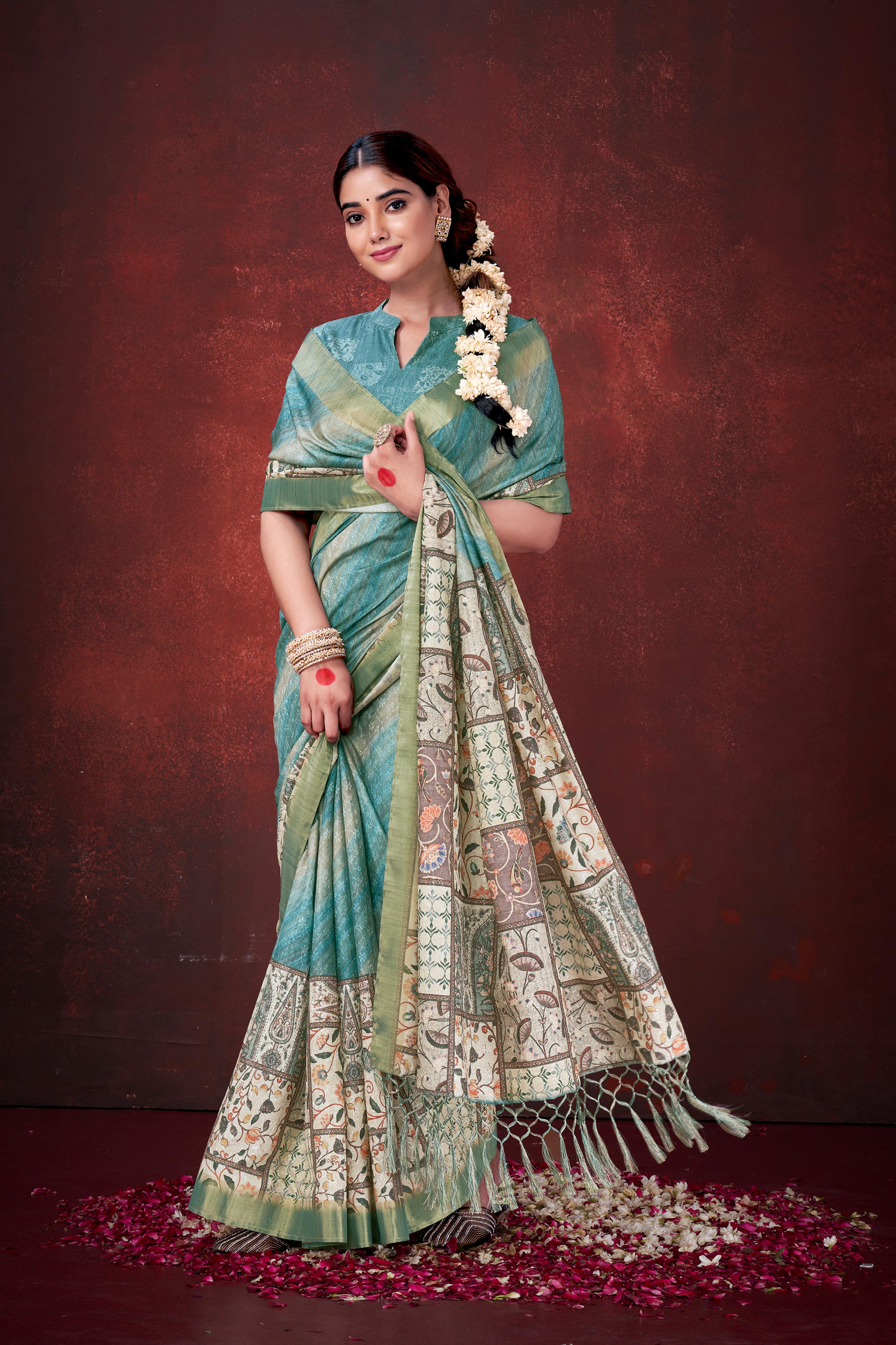 Sky Blue Habotai Silk Saree with Foil Floral Print