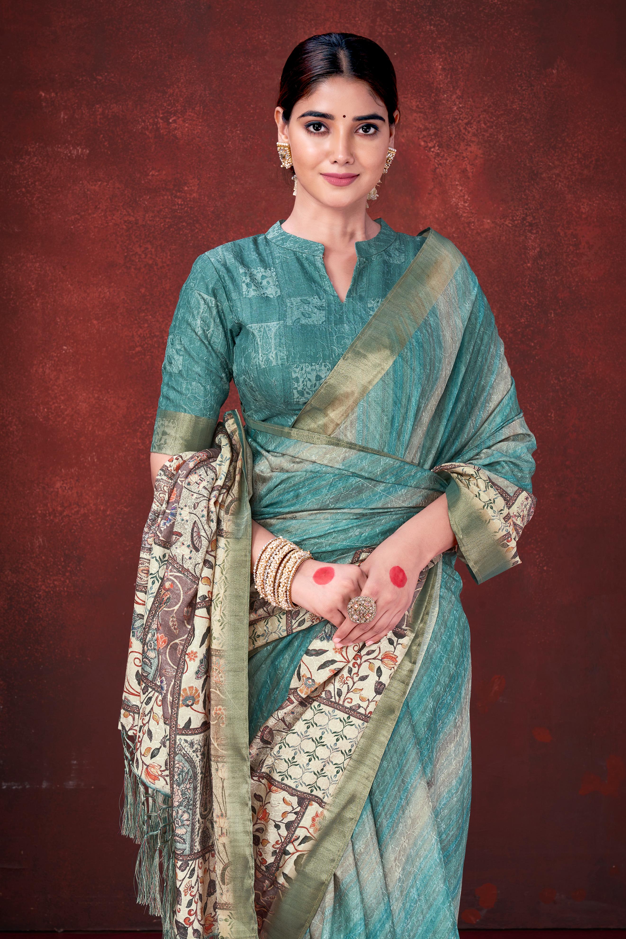 Sky Blue Habotai Silk Saree with Foil Floral Print