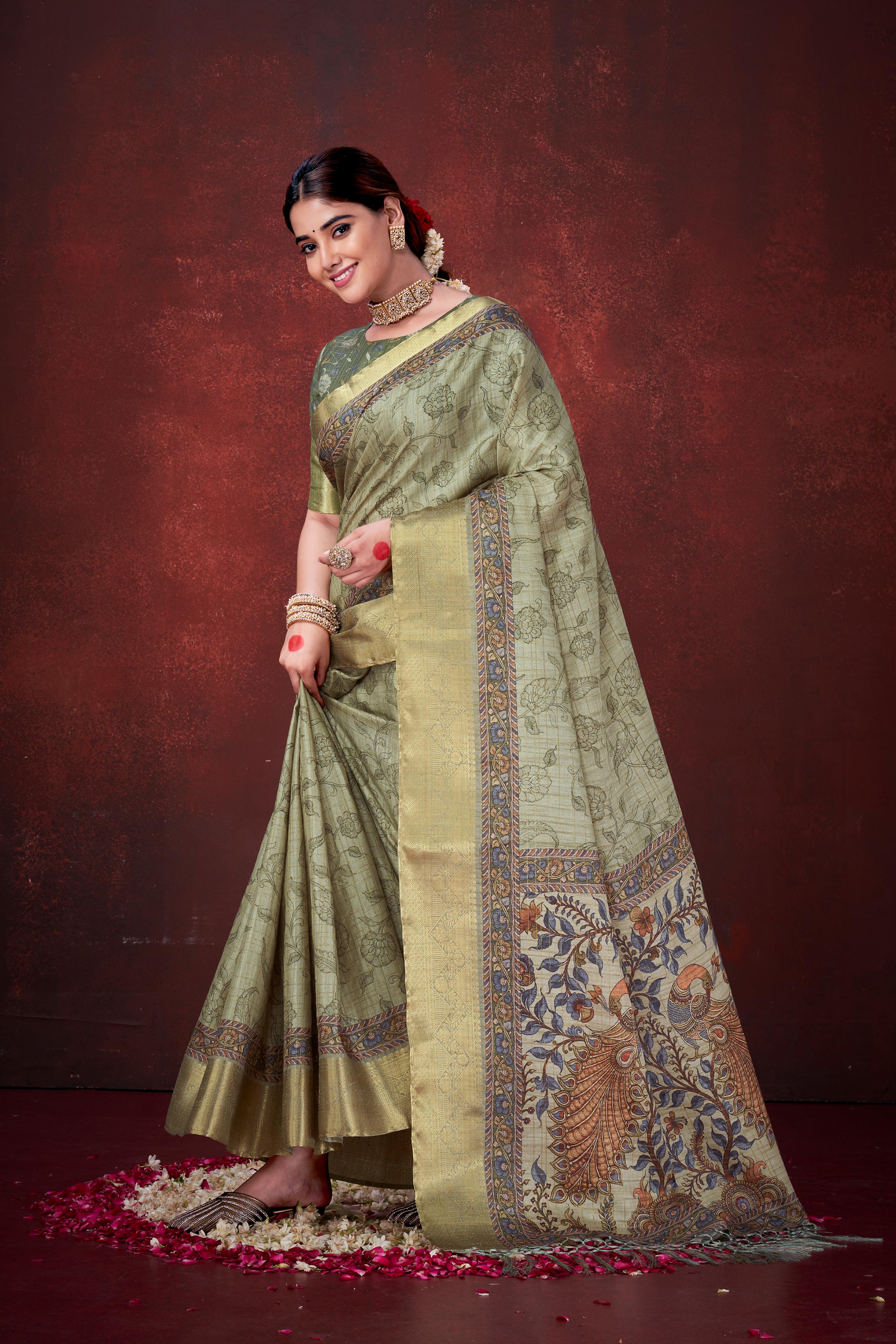 Pista Green Premium Silk Saree with Foil Floral Print