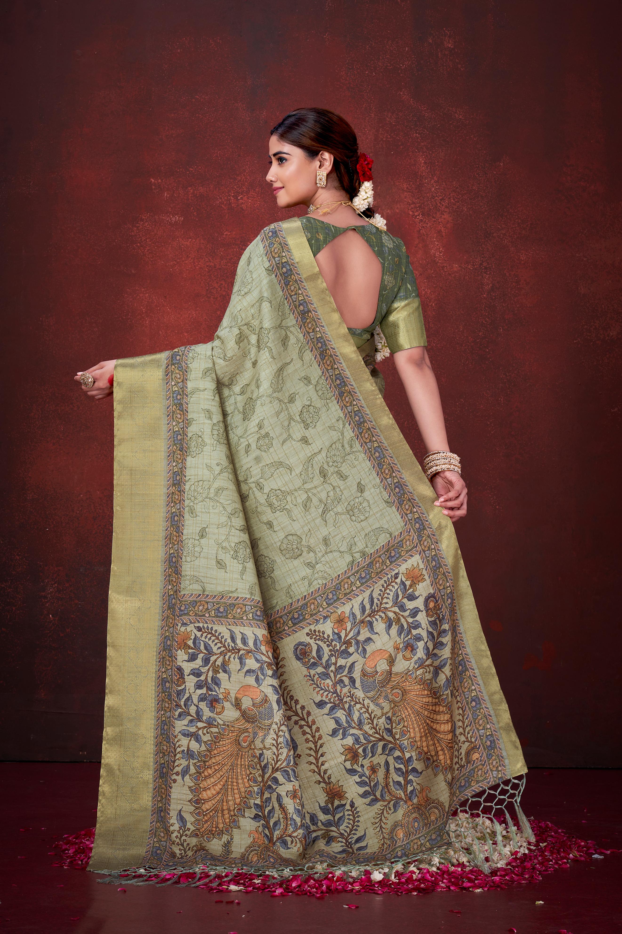 Pista Green Premium Silk Saree with Foil Floral Print