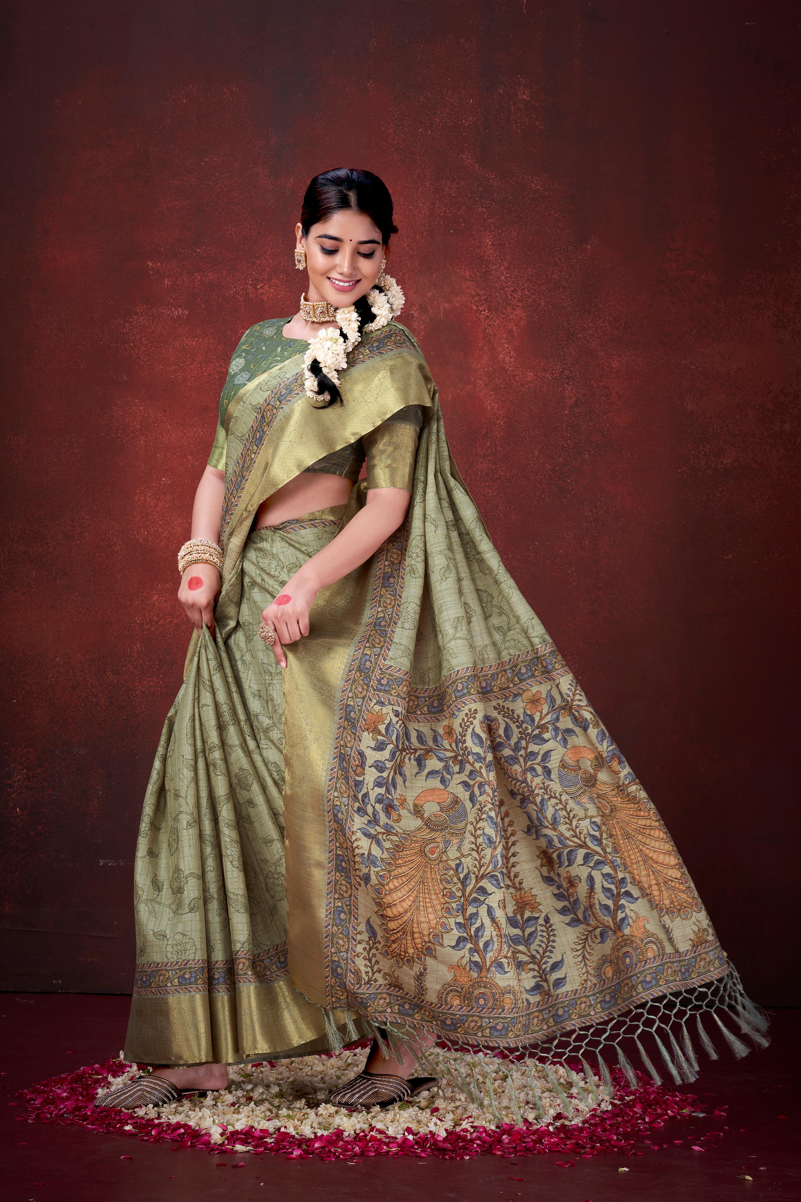 Pista Green Premium Silk Saree with Foil Floral Print