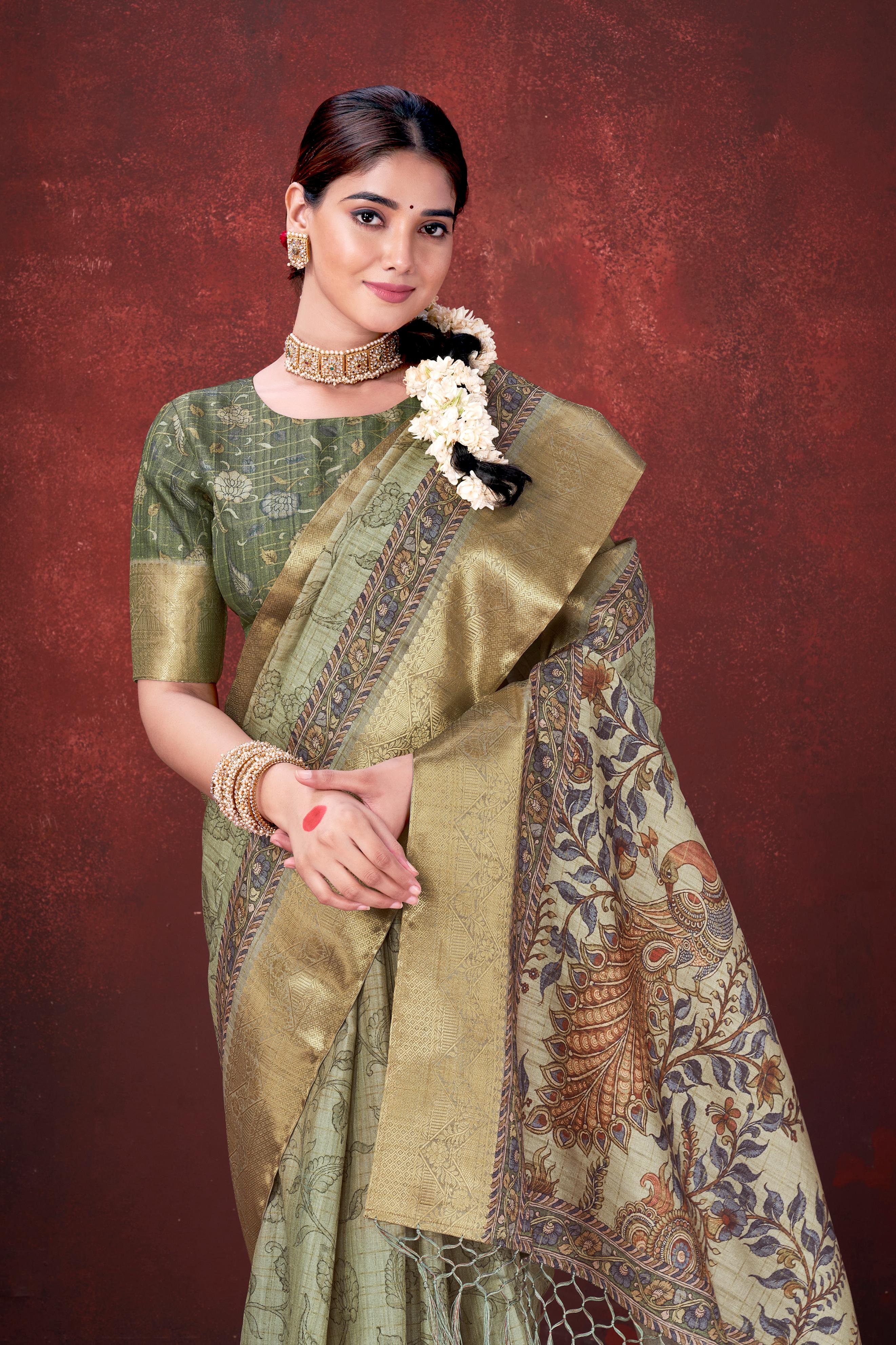 Pista Green Premium Silk Saree with Foil Floral Print