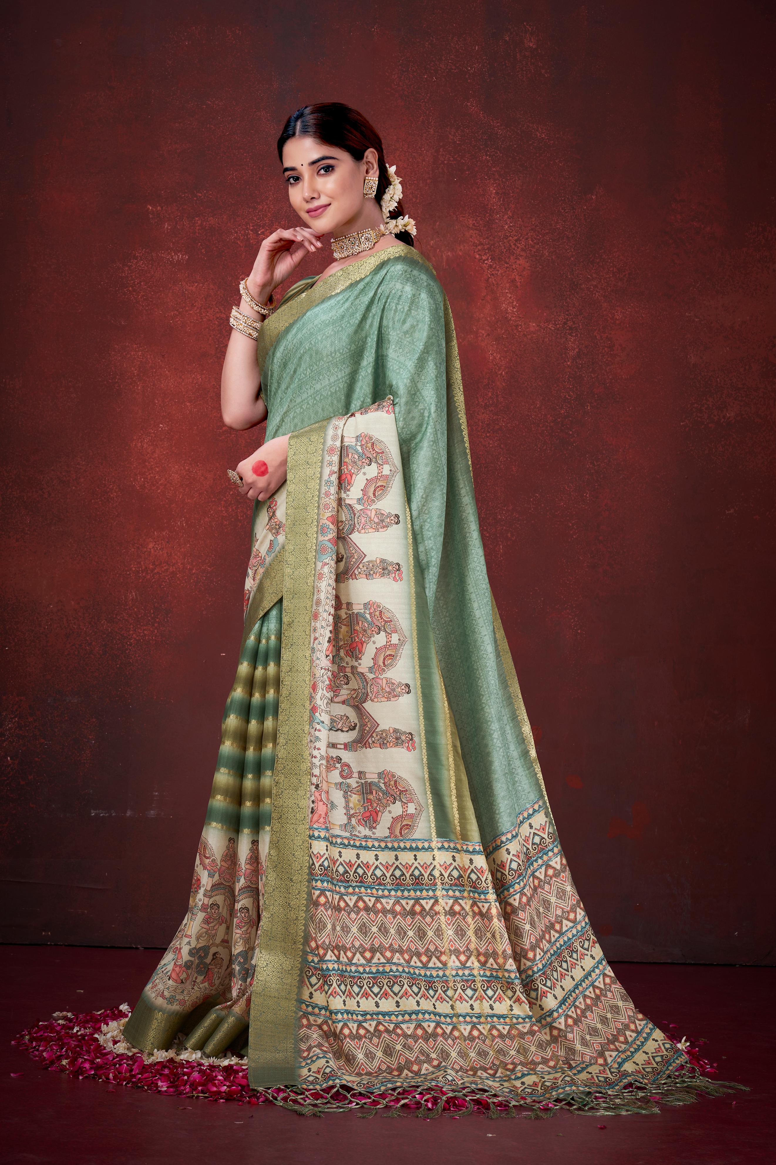 Green Premium Silk Saree with Foil Floral Print