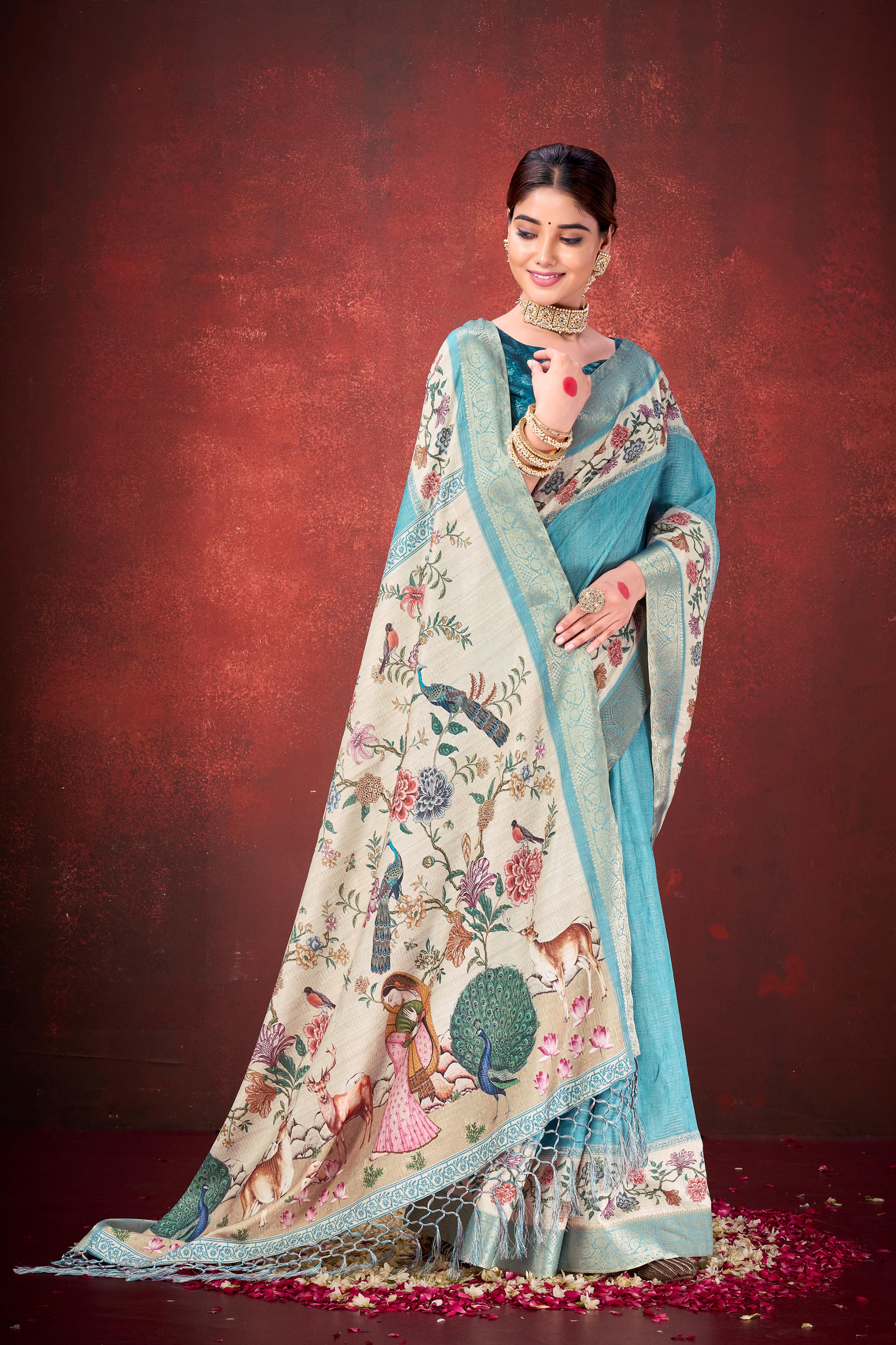 Rama Kantha Zari Silk Saree with Printed Pallu