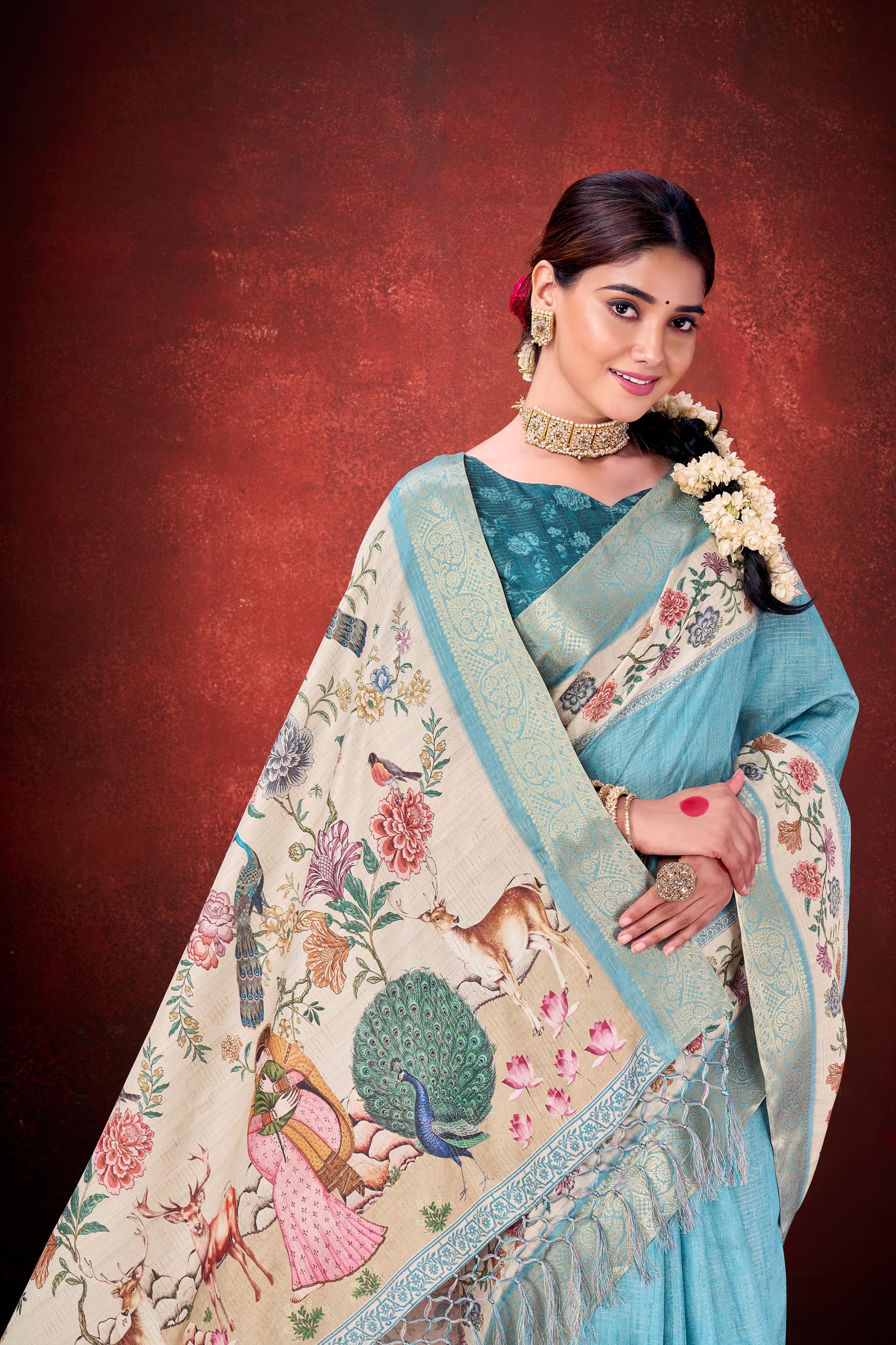 Rama Kantha Zari Silk Saree with Printed Pallu