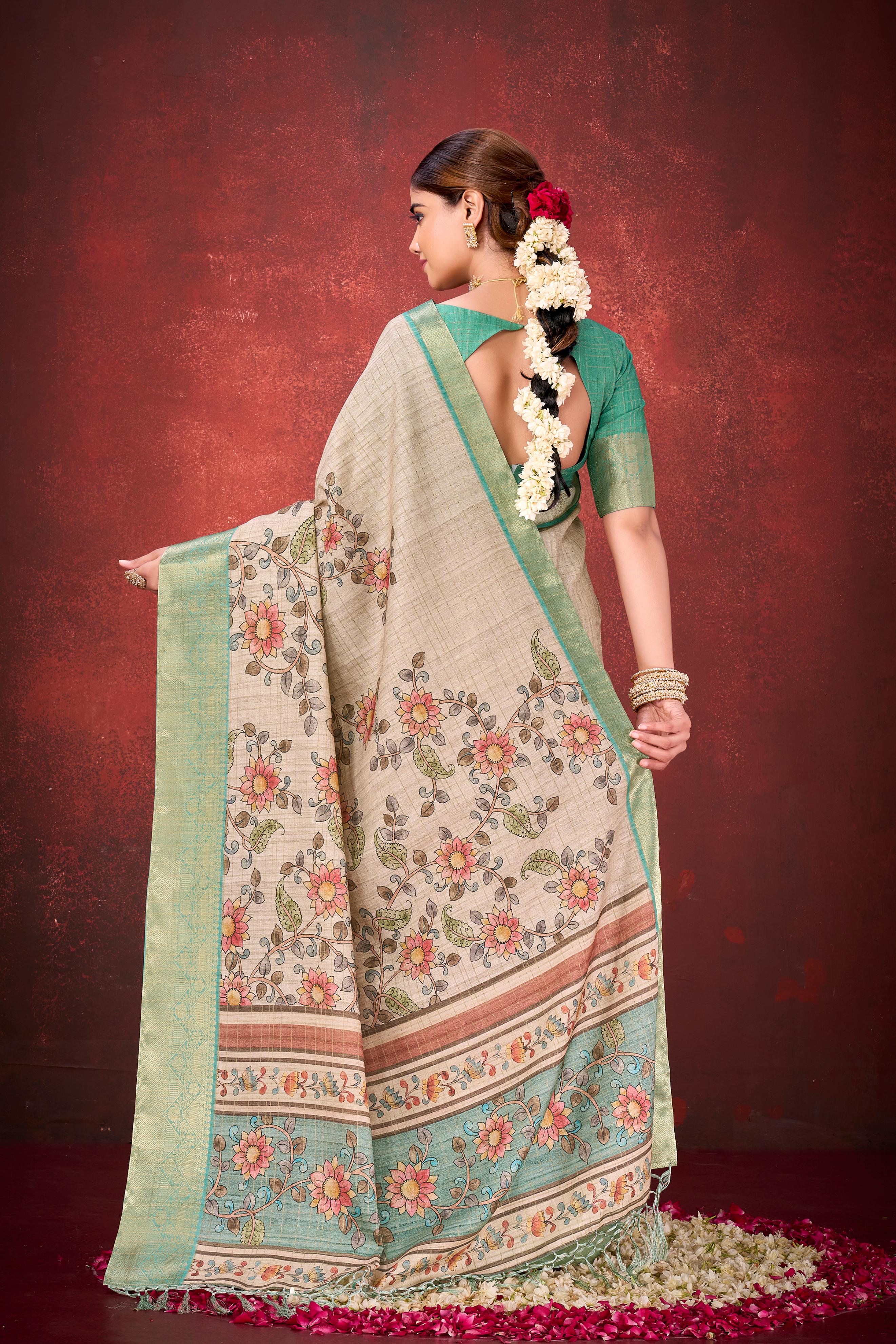 Cream Mulbery Jacquard Silk Printed Saree