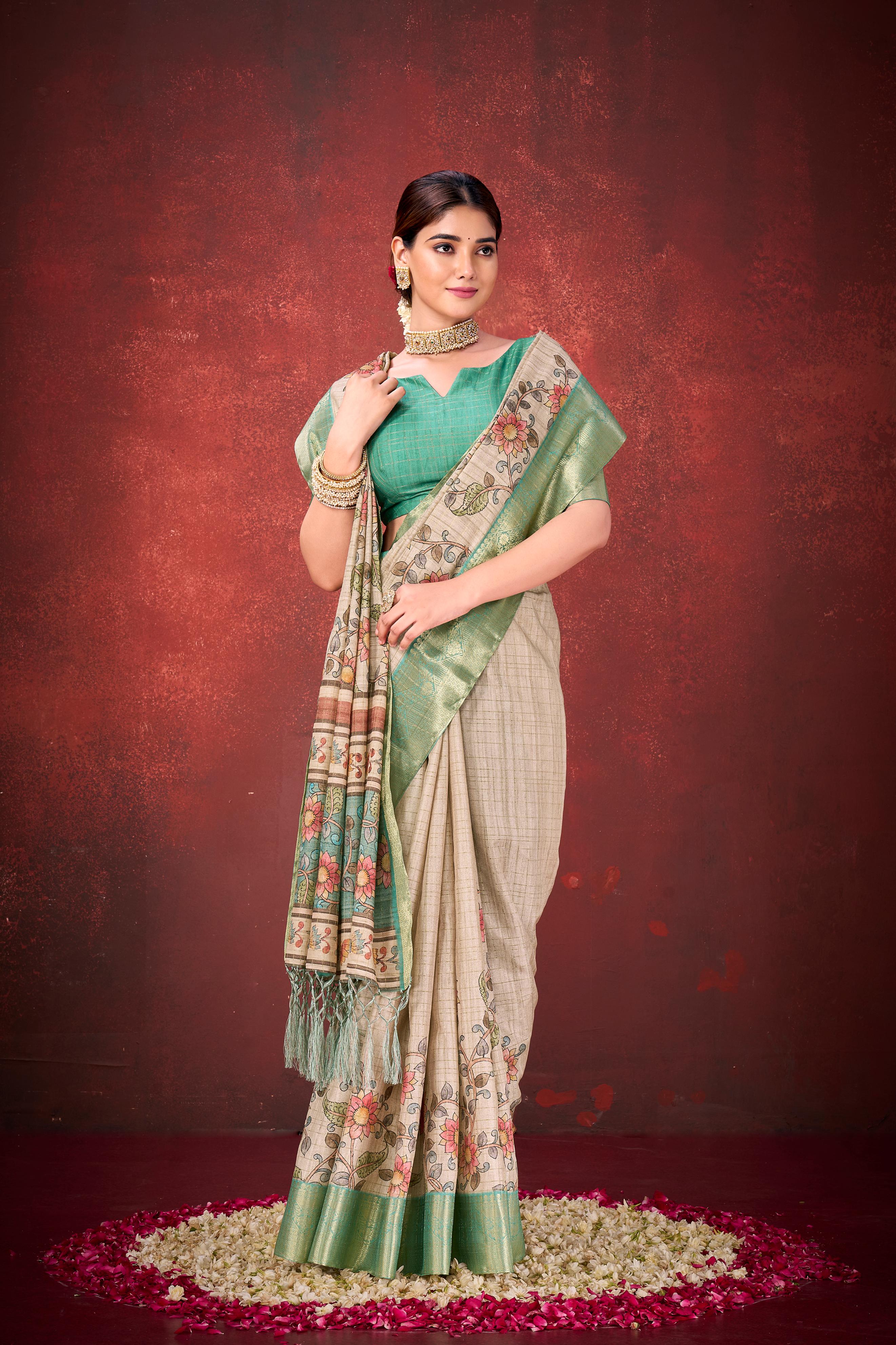 Cream Mulbery Jacquard Silk Printed Saree