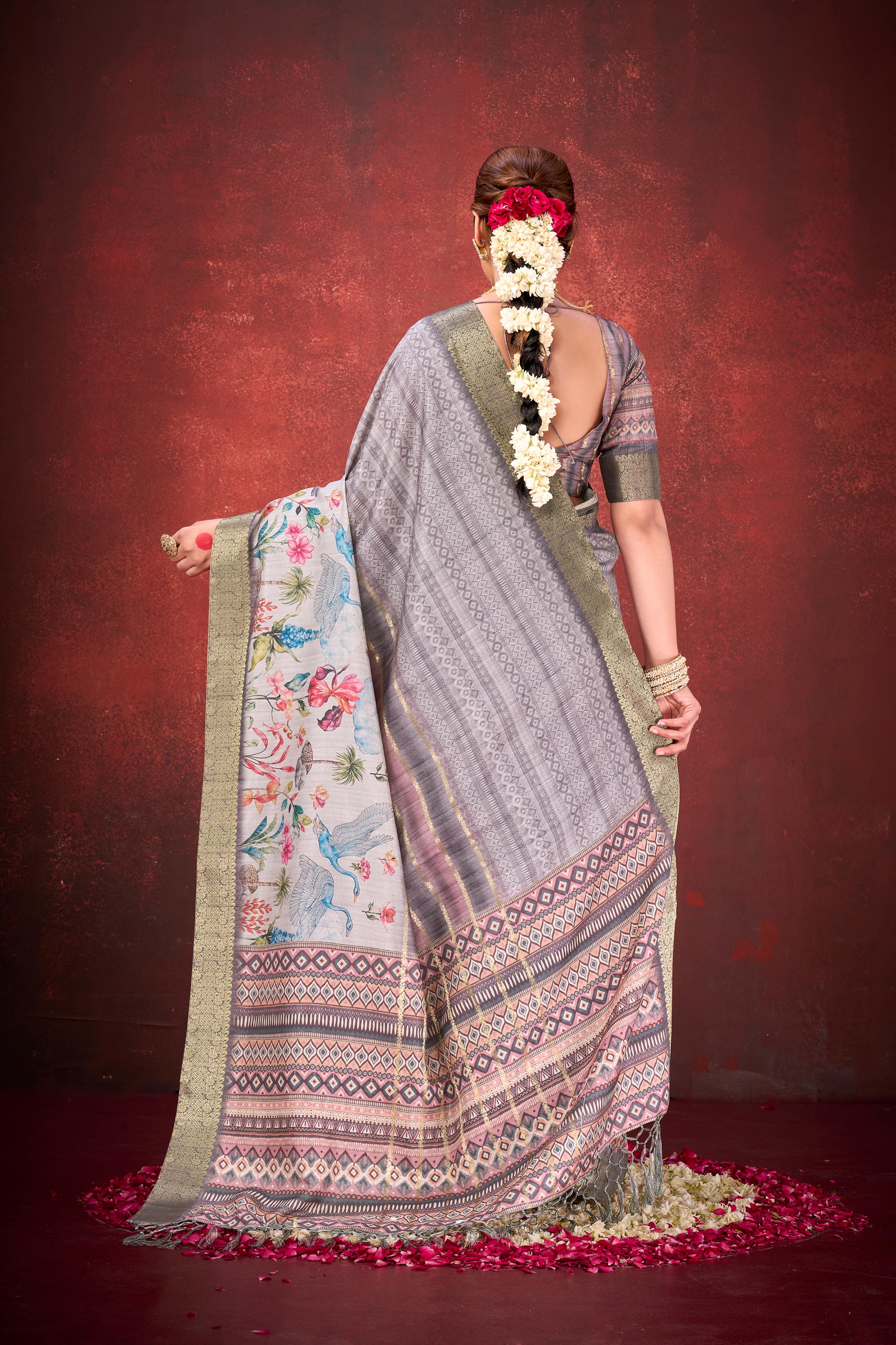 Grey Muga Silk Printed Saree